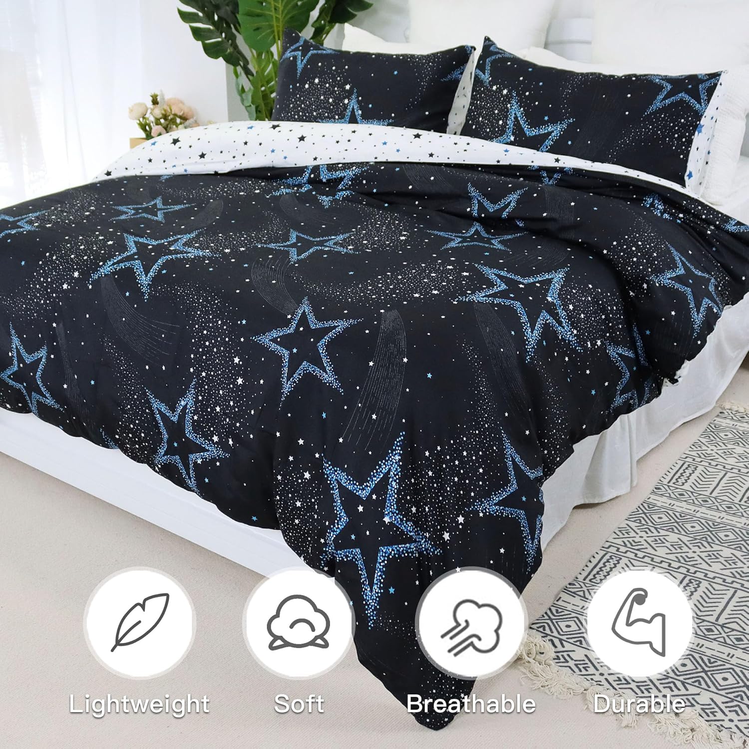 Usfivefam Juego de funda de edredón tamaño King, 3 piezas, reversible, color blanco y negro, estampado de universo exterior, azul estrellado, juego
