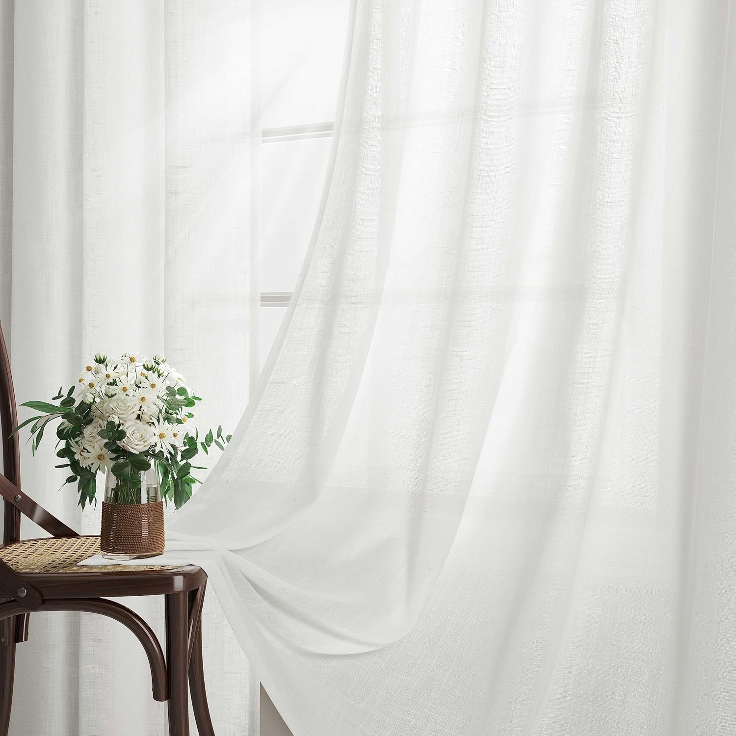 Cortinas de lino blanco roto de 84 pulgadas de largo, juego de 2 paneles de cortinas de lino semitransparentes con ojales para dormitorio, filtro de
