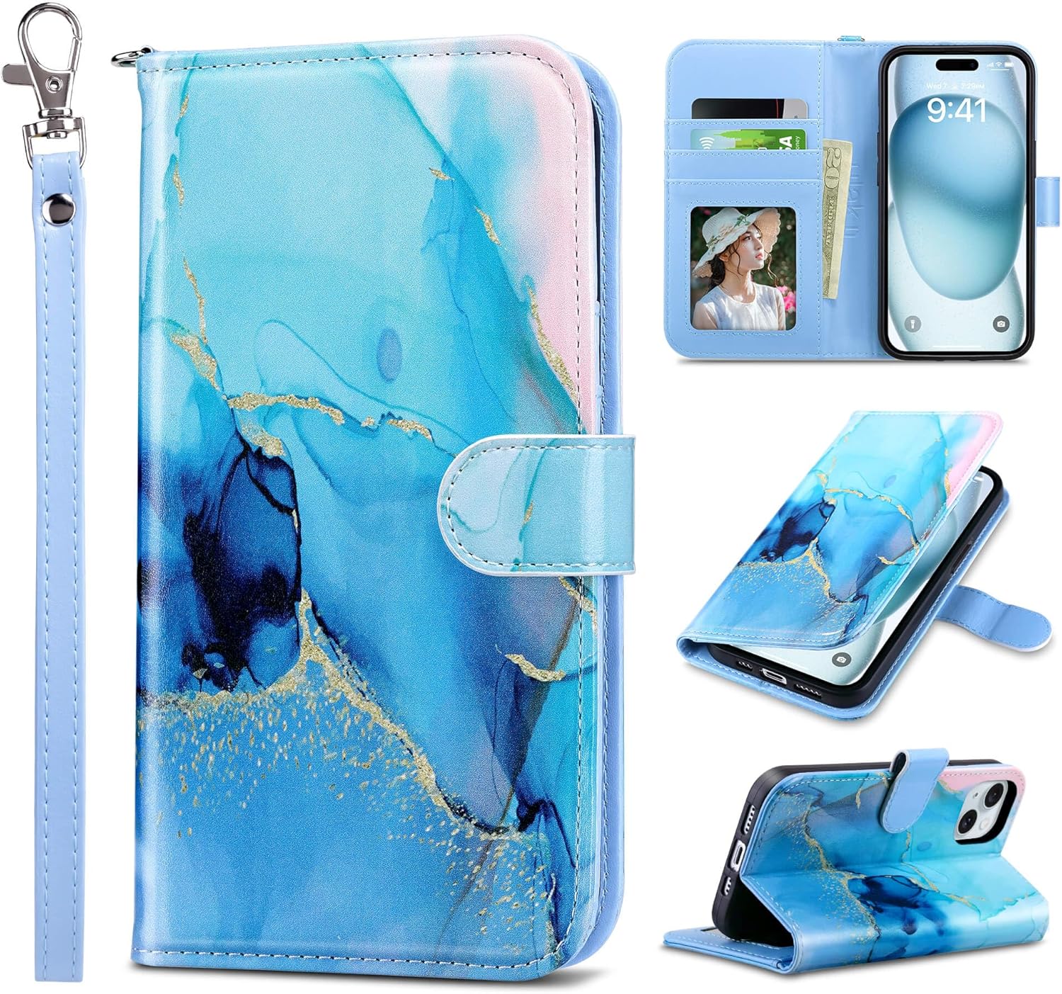 ULAK Funda de piel sintética de alta calidad compatible con iPhone 15 con tarjetero y función atril para iPhone 15 2023 de 6.1 pulgadas, mármol