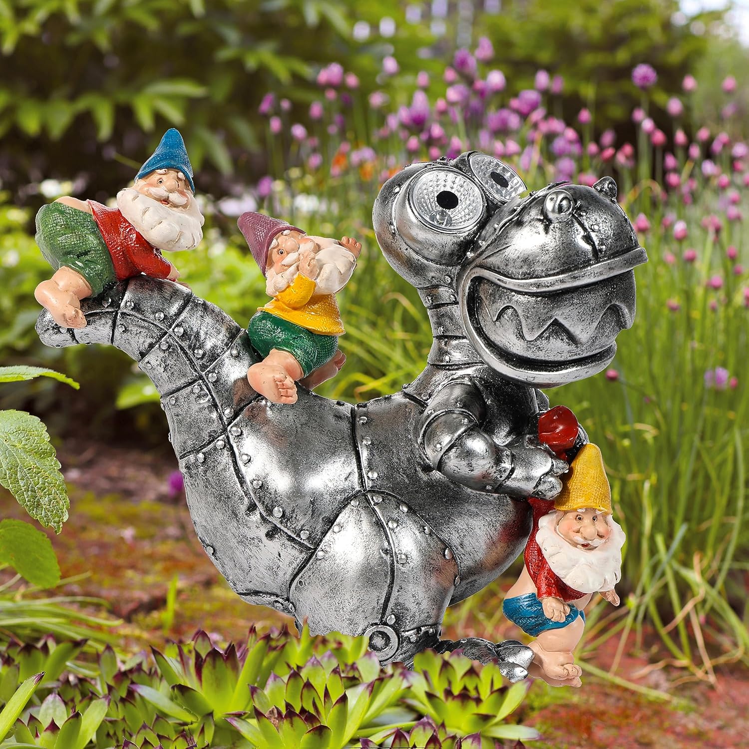 UDDDSR Estatua solar de gnomos de jardín para decoración al aire libre, divertidos gnomos montando dinosaurios, jardín, patio, césped, decoración de