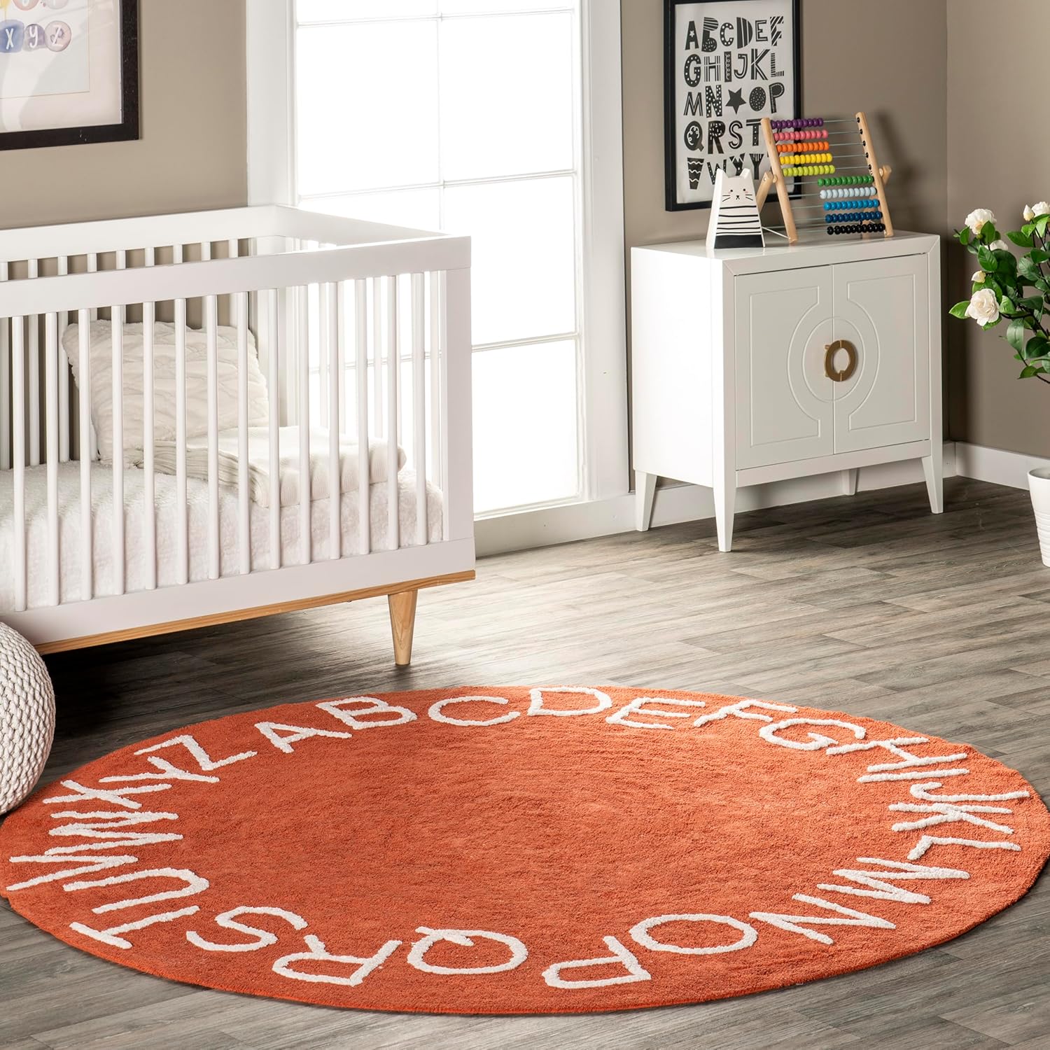nuLOOM Alfombra redonda lavable con alfabeto para niños, 4 pies, redonda, óxido