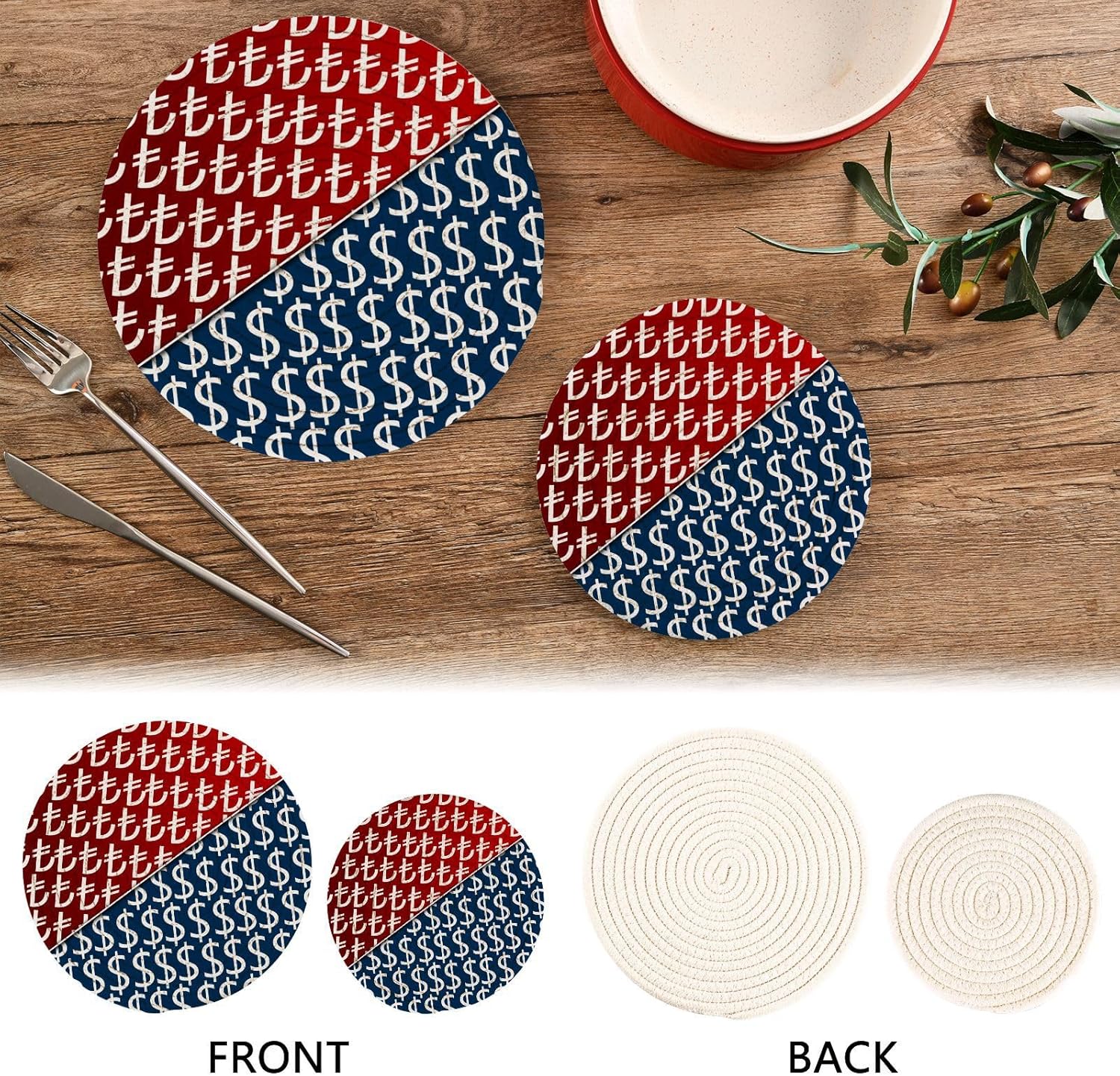 Us Dollar Trivet Pot Holder Turkish Lira Round Woven Potholders Set Kitchen Placemats 2PCS Cotton Rope Table Hot Pads Stylish Coasters Heat