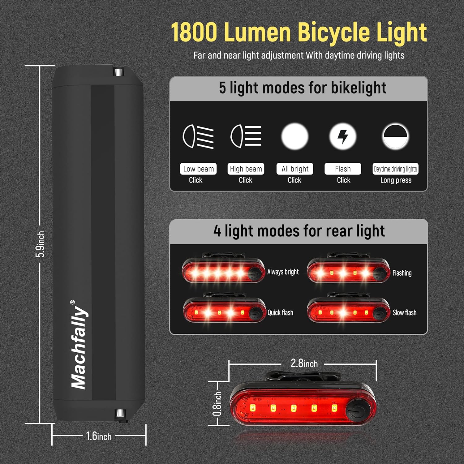 MACHFALLY – Luz LED súper brillante para bicicleta, batería grande, recargable por USB, múltiples modos, luz trasera impermeable para bicicleta, luz