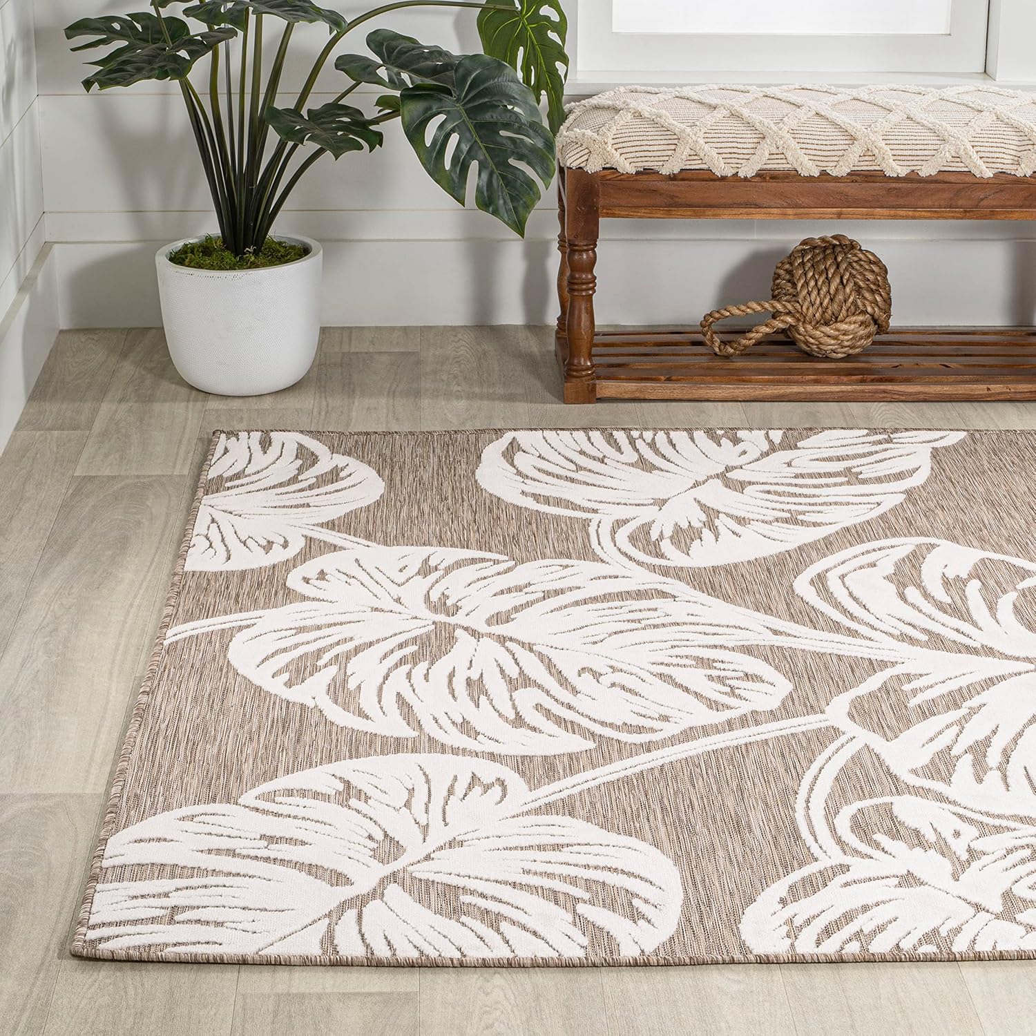 Eyely CWH100B-3 Hawaii Tobago – Alfombra de dos tonos con hoja de Monstera para interiores y exteriores, bohemia moderna, para dormitorio, cocina,
