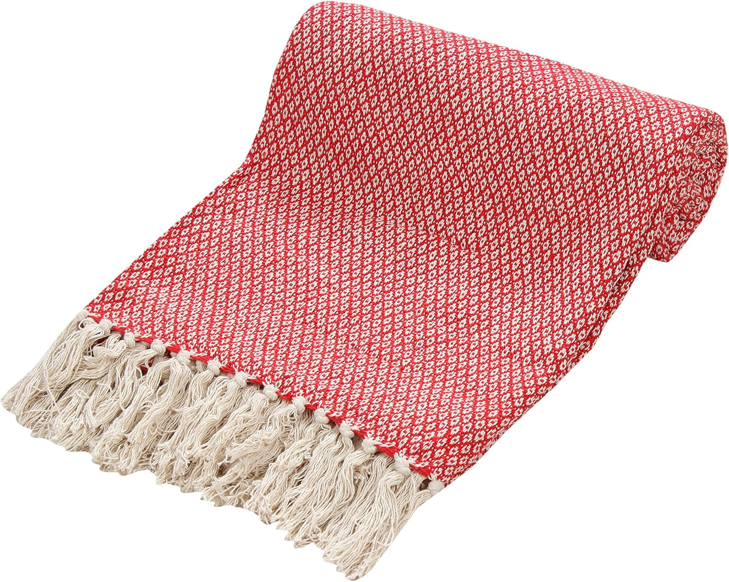 DEKORASI 100% Cotton Diamond Pattern Eco-Friendly Organic Throw Blanket for Couch with Fringes – Red & White  Cozy Lightweight Accent for Couch,
