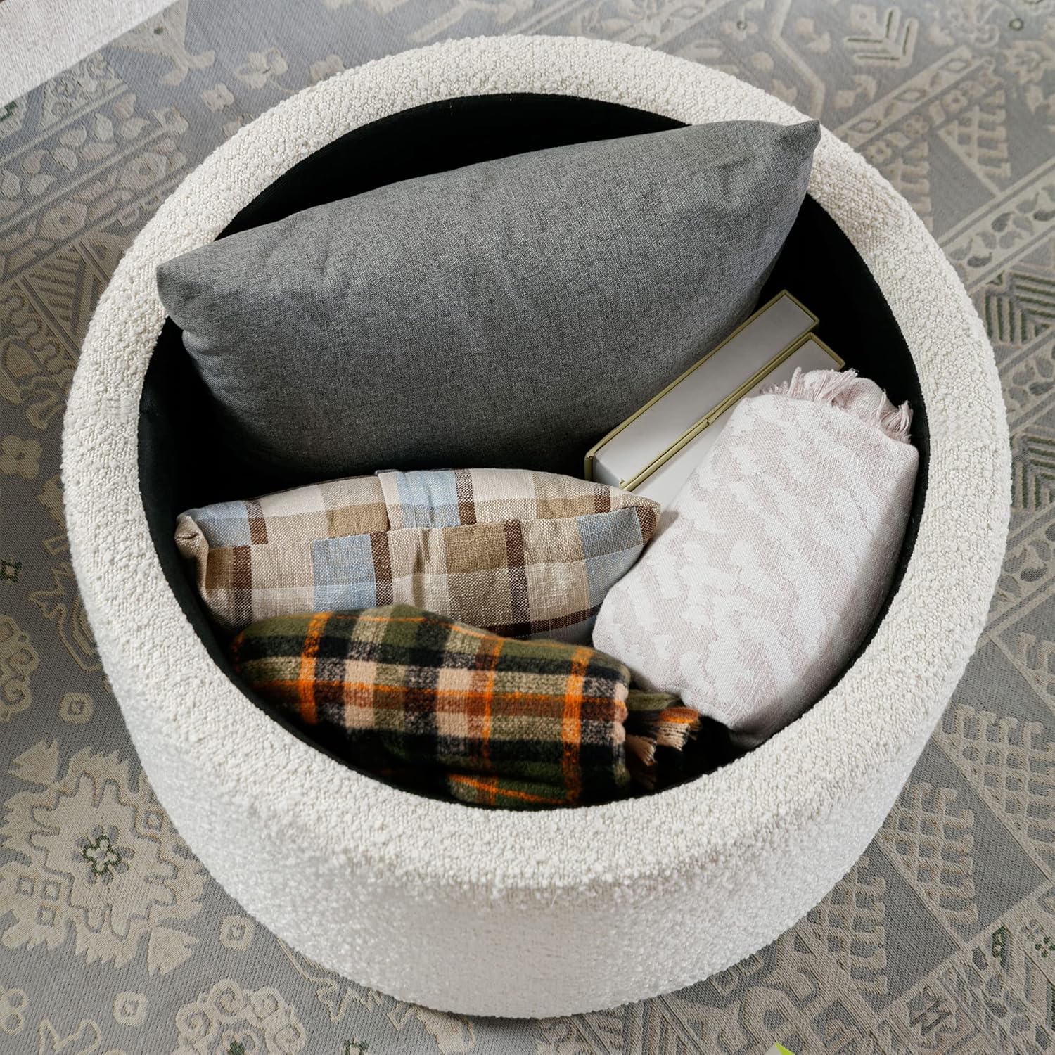 Zibeths Otomana de almacenamiento, otomana con almacenamiento para sala de estar, reposapiés Farbic Beige Boucle, mesa auxiliar con tapa de madera,