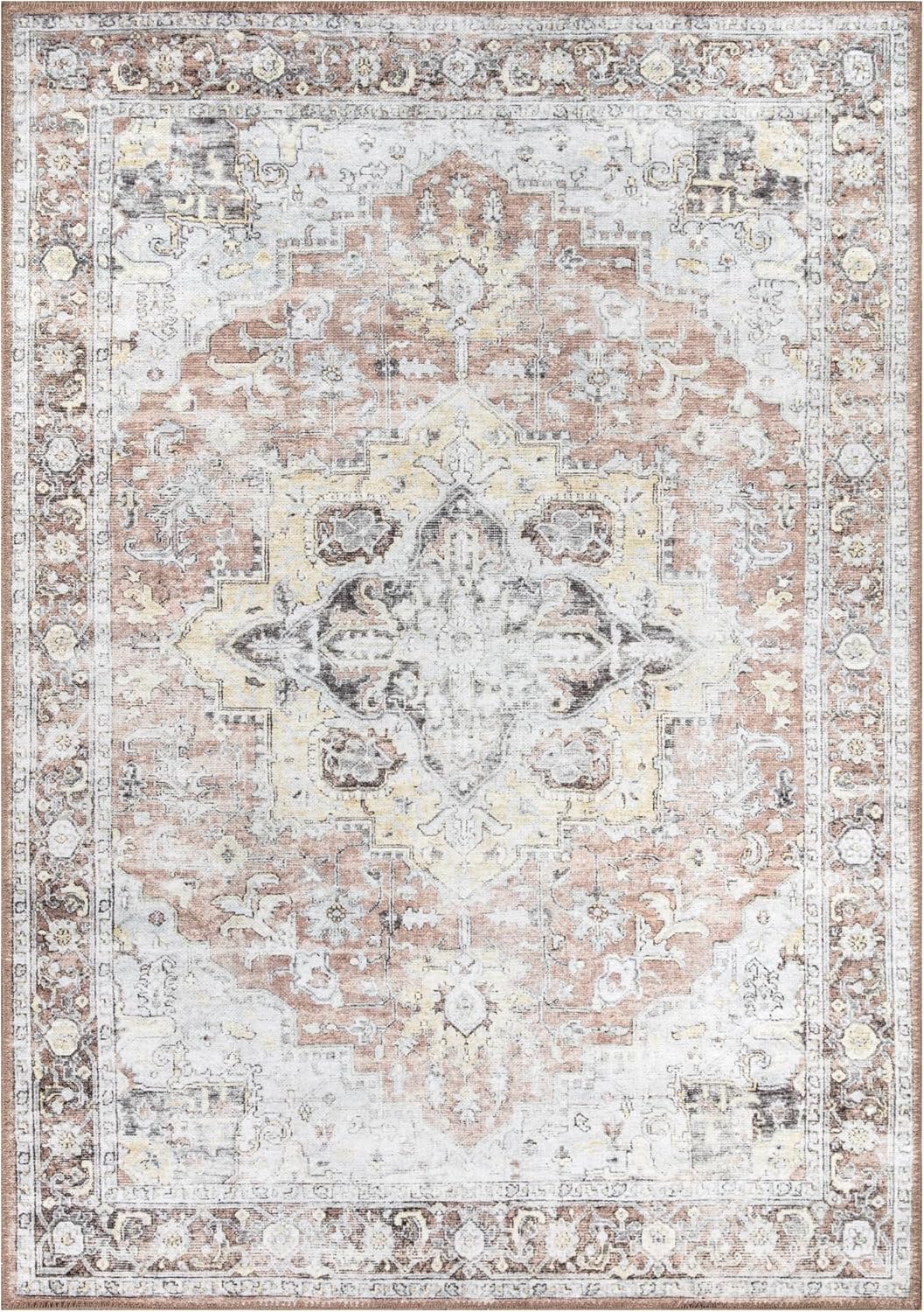 Bloom Rugs Alfombra lavable antideslizante de 4 x 6 pies  Alfombra tradicional de medallón color rubor y beige para sala de estar, dormitorio,