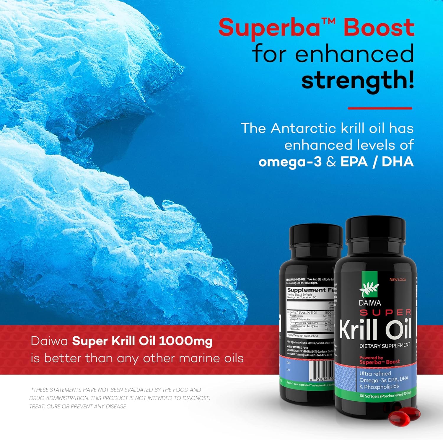Daiwa Super Krill Oil 1000mg cápsulas blandas con Superba Boost – Suplemento EPA DHA Omega 3 6 9 con astaxantina para la salud de las