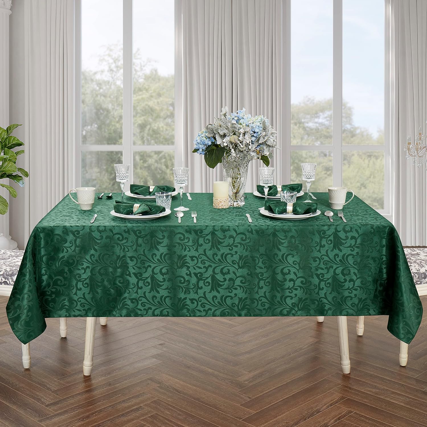 HommxJF Mantel rectangular de damasco de desplazamiento verde jacquard, 60 x 120 pulgadas, mantel lavable para mesa de comedor, fiestas de bufé y