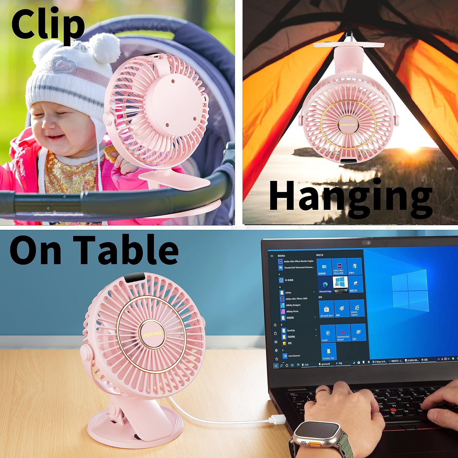 PEKPAK Ventilador de clip, ClipEscritorioColgado Mini ventilador recargable 3 en 1 6 pulgadas5200 mAh Ventilador de escritorio pequeño con ganchos