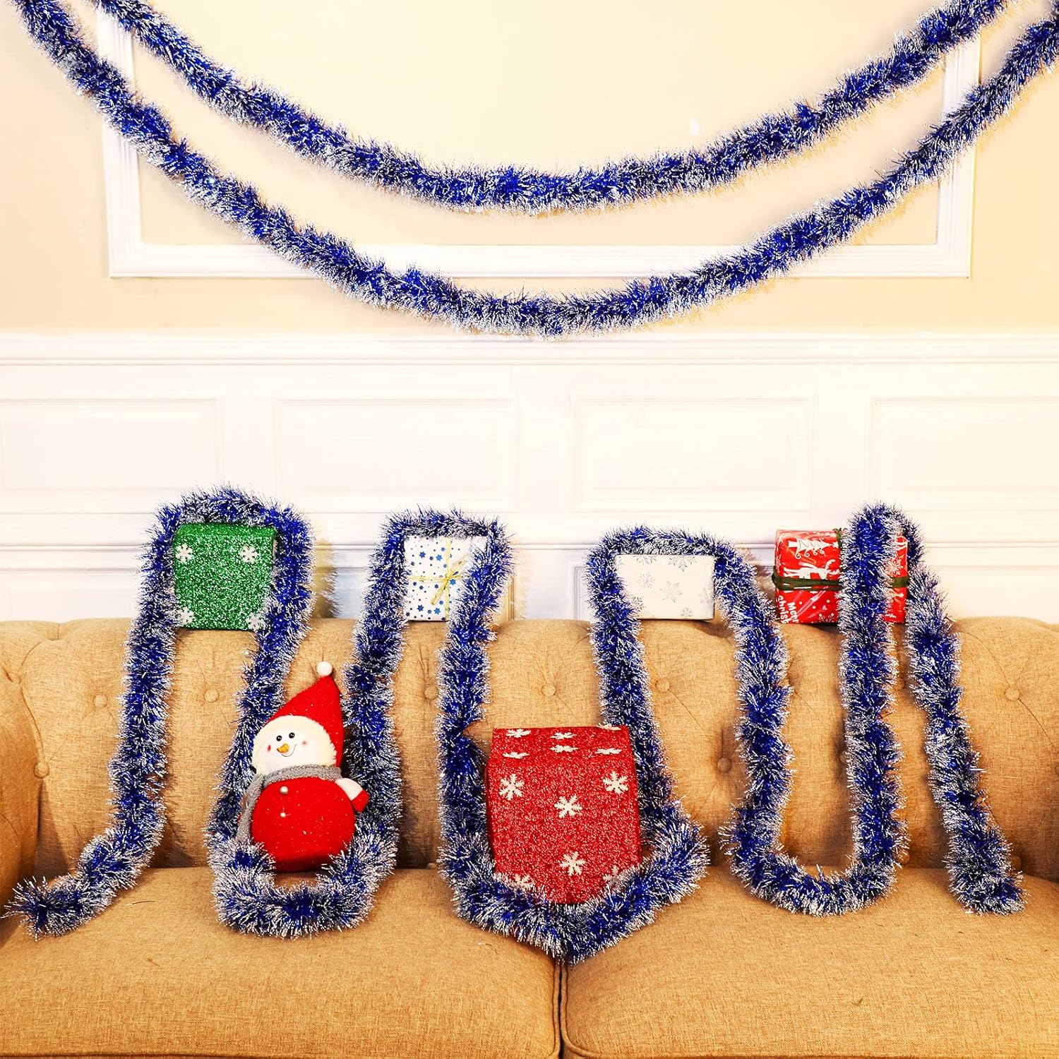 Guirnalda de oropel de Navidad de 50 pies, guirnalda metálica con punta de escarcha, decoración de árbol de Navidad, corona brillante para