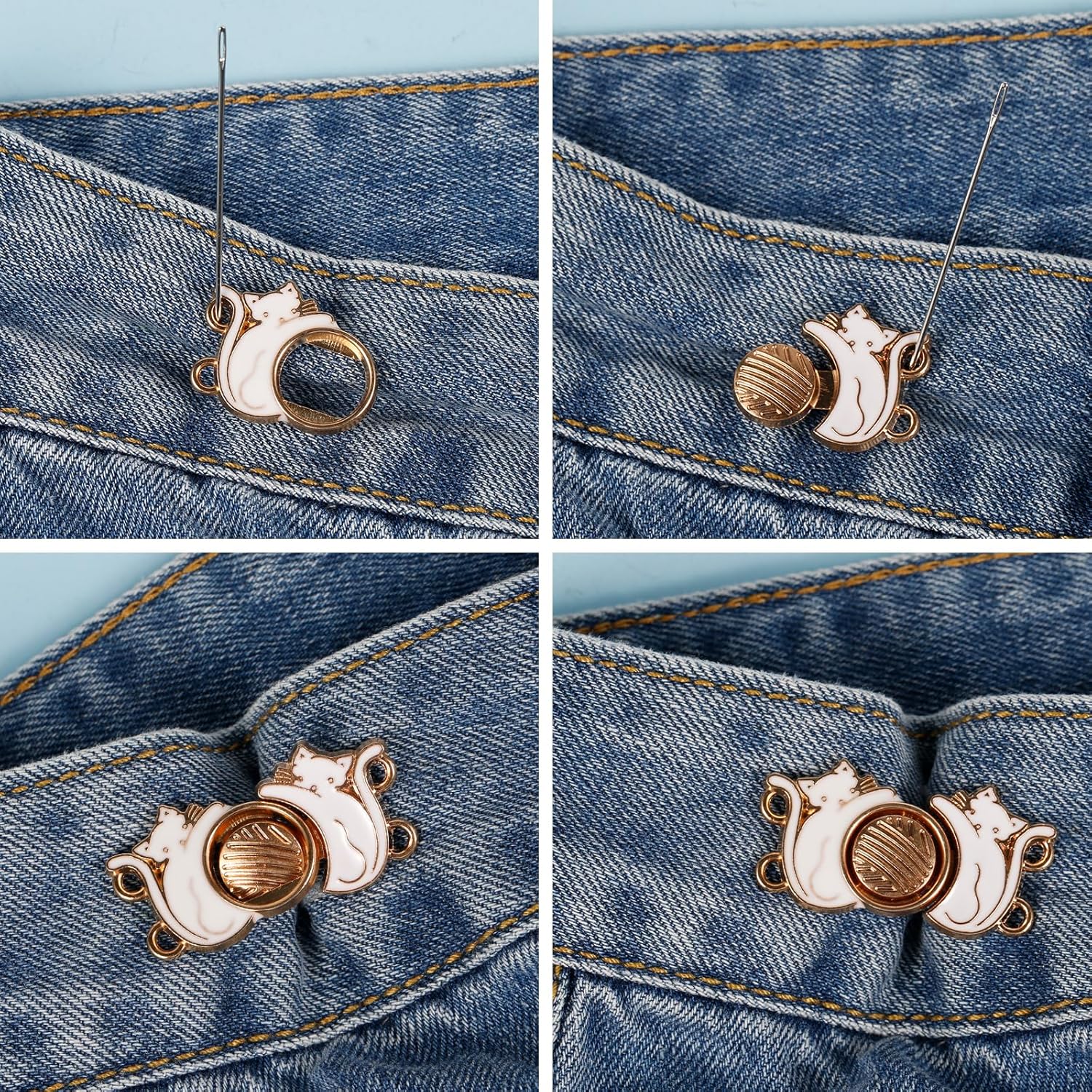 10 pares de pantalones de mezclilla de gato, ajuste de botón de cintura, lindo gato aprieta la cintura, botón de cintura, hebilla de cintura, clip
