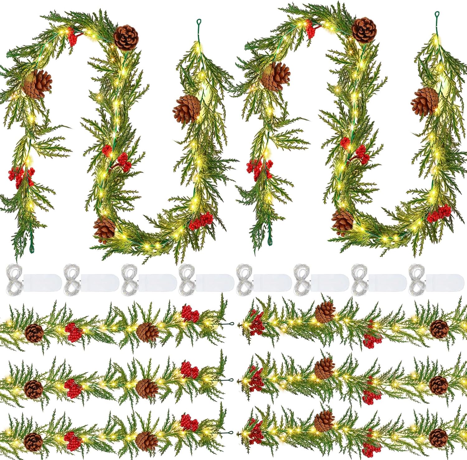 Sosation 8 juegos de guirnaldas de Navidad iluminadas de 6 pies con luces, guirnalda de vegetación artificial preiluminada con bayas rojas de pino