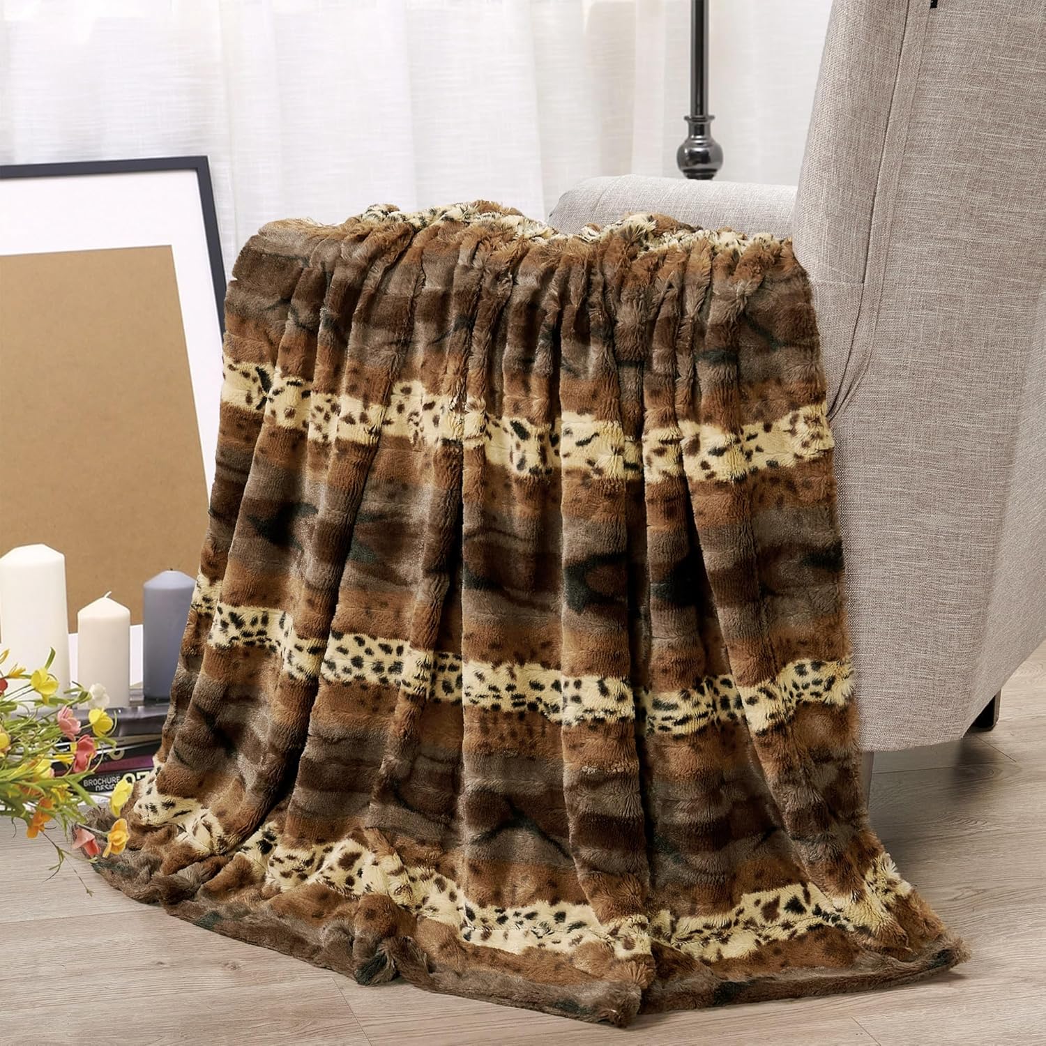 Manta de piel sintética marrón con estampado de leopardo cepillado de doble cara de 50 x 60 pulgadas, manta de felpa ligera y esponjosa para sofá,