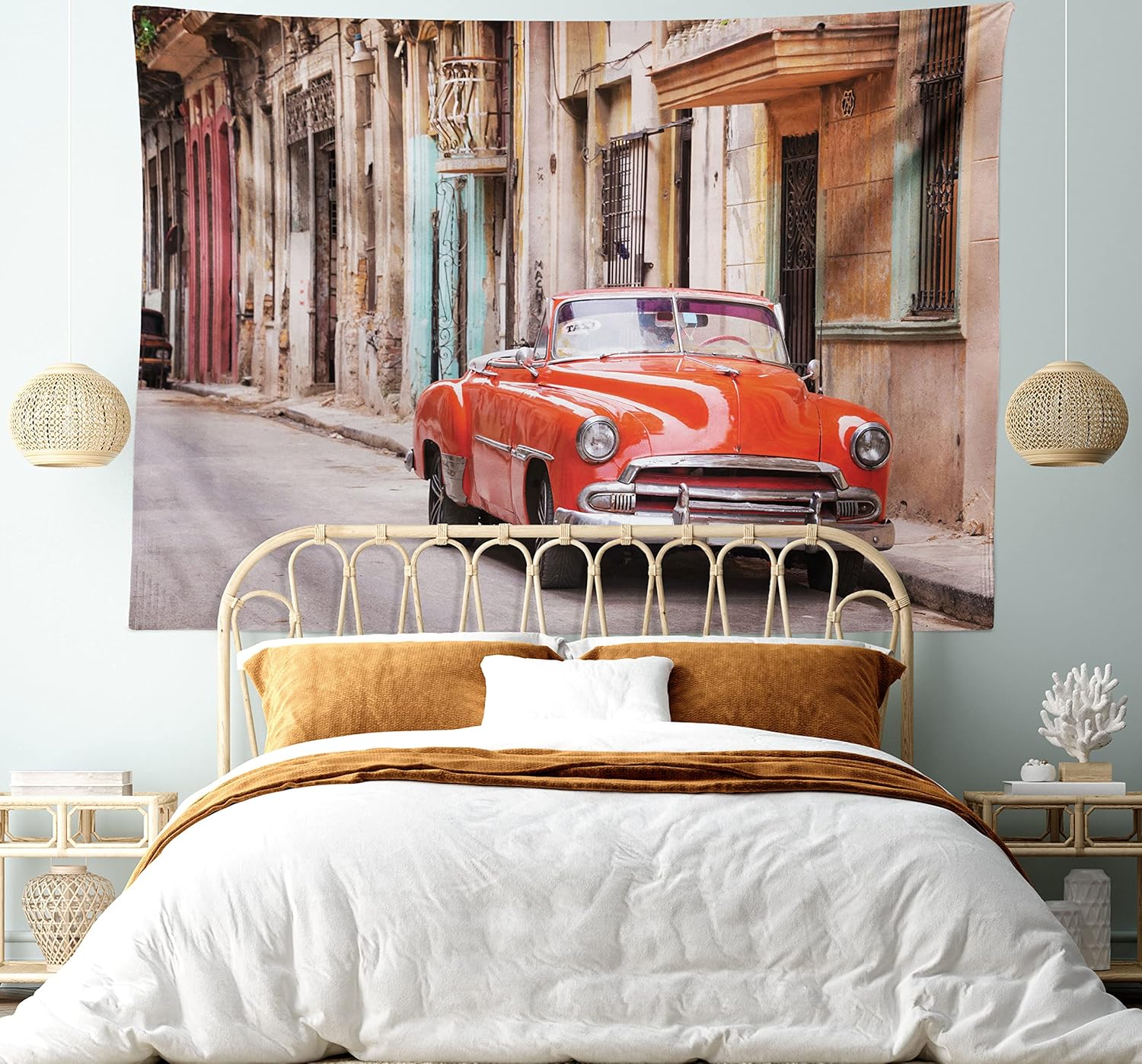 Ambesonne Tapiz de autos, auto americano clásico en una calle con casas Caribbean Havana Cuba, para colgar en la pared para dormitorio, sala de