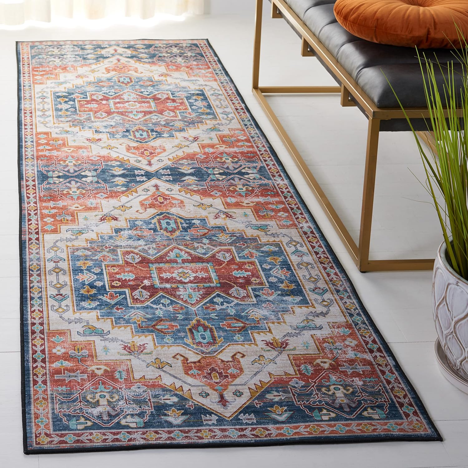 SAFAVIEH Tucson Collection – Alfombra de pasillo de 2 pies 6 pulgadas x 12 pies, color azul y óxido, diseño de medallón persa, lavable a máquina,