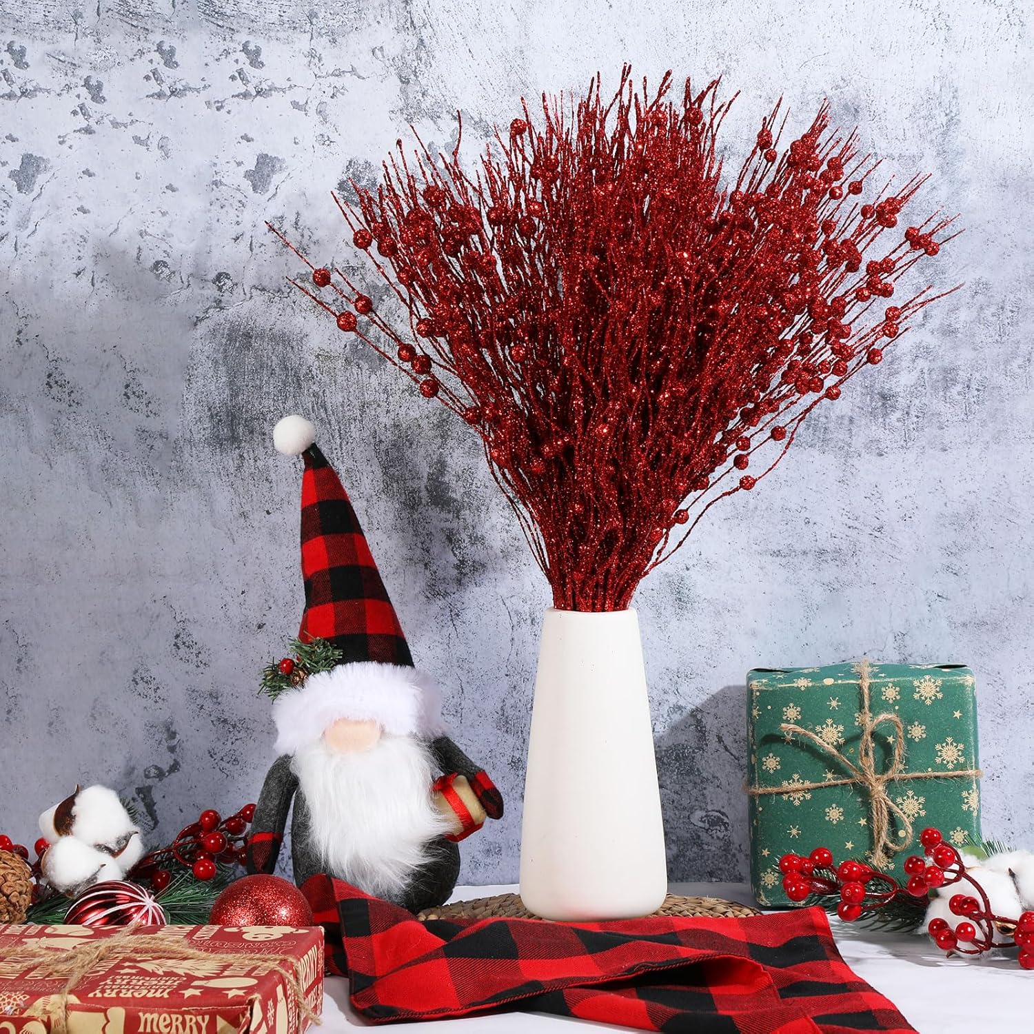 36 tallos de bayas artificiales con purpurina de 17 pulgadas, 15 pulgadas, 4 estilos, ramas grandes con purpurina para árbol de Navidad, corona de