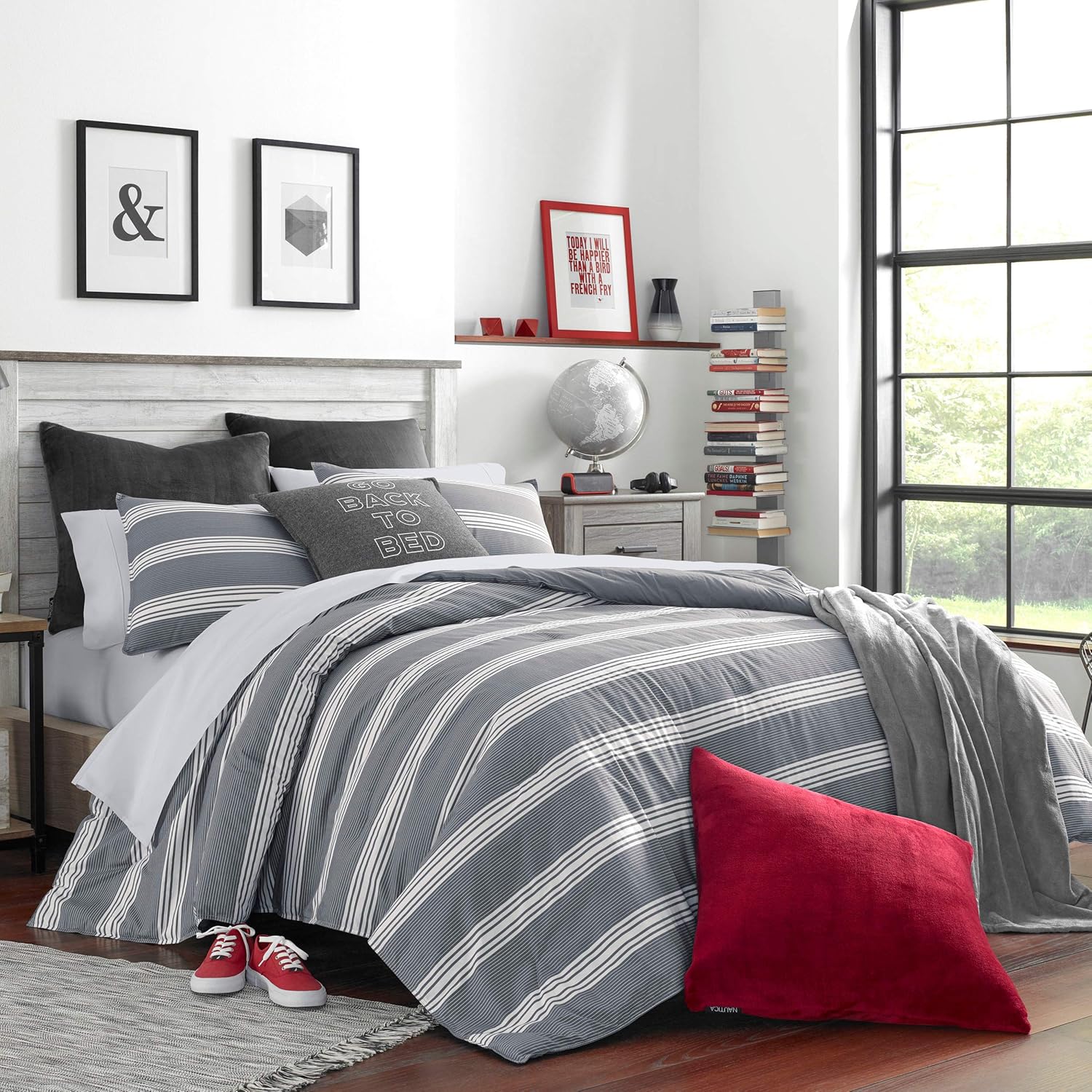 Nautica – Juego de edredón tamaño King, ropa de cama reversible de algodón con fundas a juego, elegante decoración del hogar (gris oscuro, King)