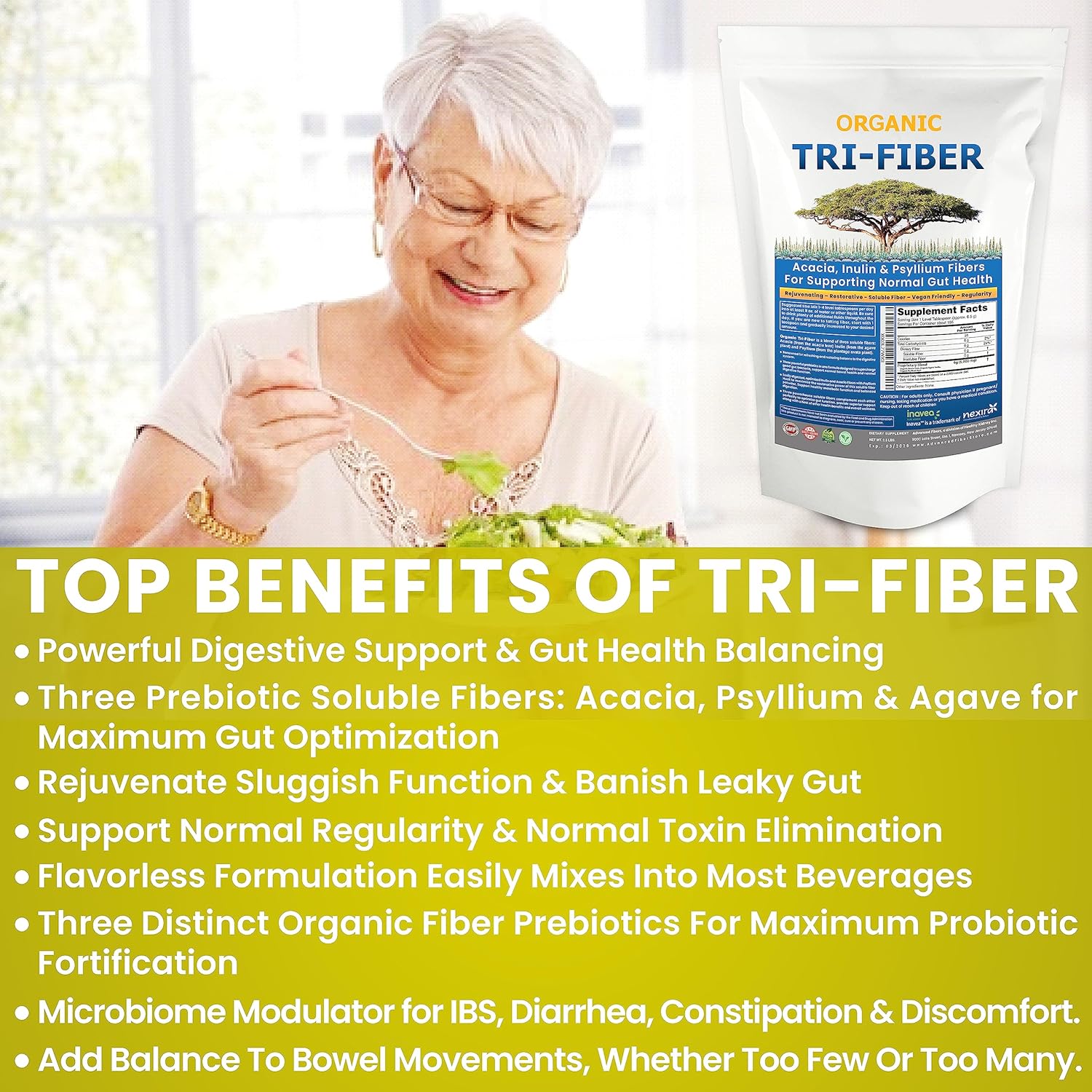 Kidney Restore Polvo de fibra soluble orgánica de triple fibra, suplemento de fibra soluble 3 en 1 sin sabor para apoyo digestivo. Fibra dietética 1