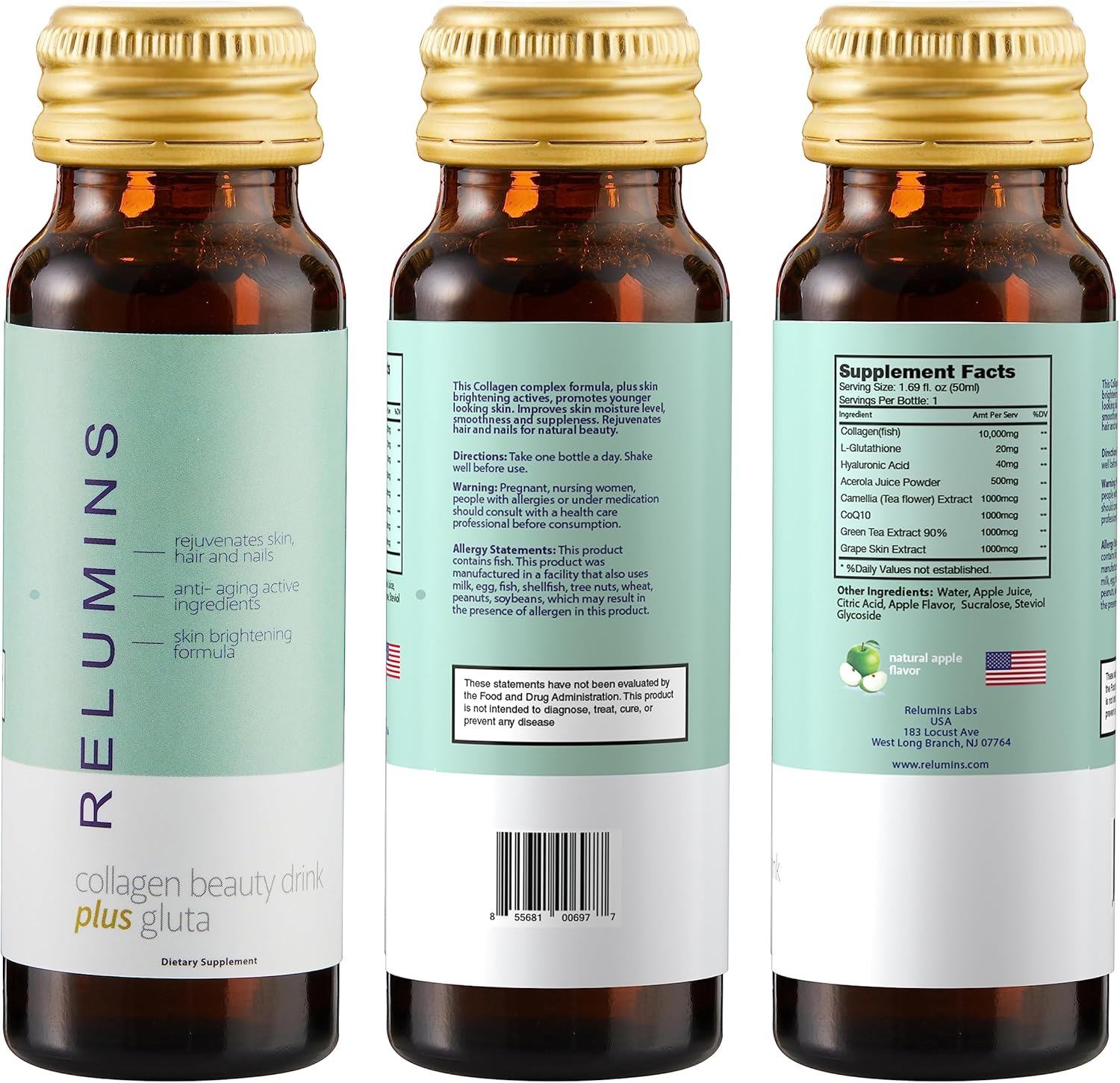Relumins Advance – Bebida rejuvenecedora de colágeno con glutatión, hialurónico, CoQ10, EGCG, resveratrol y más, combate naturalmente los signos del