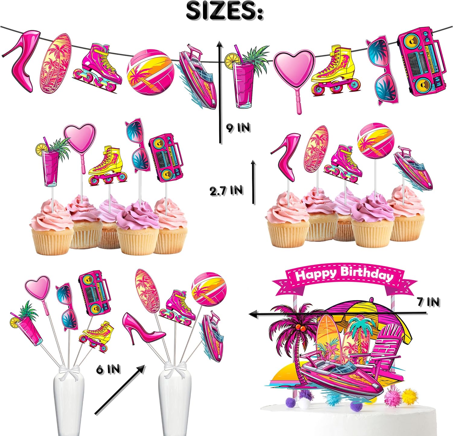 Encantador juego de decoración de fiesta de cumpleaños de muñeca rosa, brilla y celebra con estilo