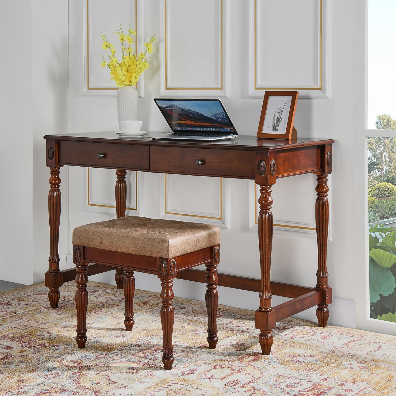 Banco de tocador tapizado de madera maciza, pequeño taburete otomano vintage de cuero copetudo, con asiento acolchado acolchado, reposapiés tallado,