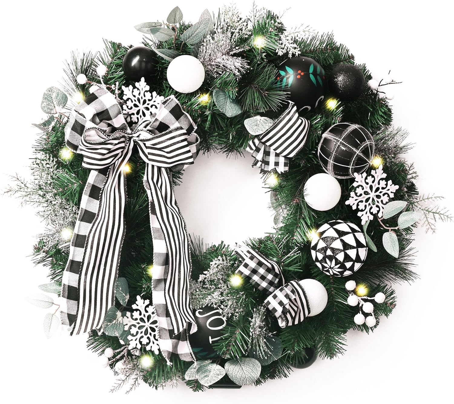 Valery Madelyn Corona de Navidad preiluminada para puerta delantera con luces, corona de Navidad grande iluminada de 24 pulgadas con bola de Navidad