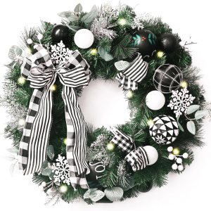 Valery Madelyn Corona de Navidad preiluminada para puerta delantera con luces, corona de Navidad grande iluminada de 24 pulgadas con bola de Navidad Valery Madelyn Corona de Navidad preiluminada para puerta delantera con luces, corona de Navidad grande iluminada de 24 pulgadas con bola de Navidad