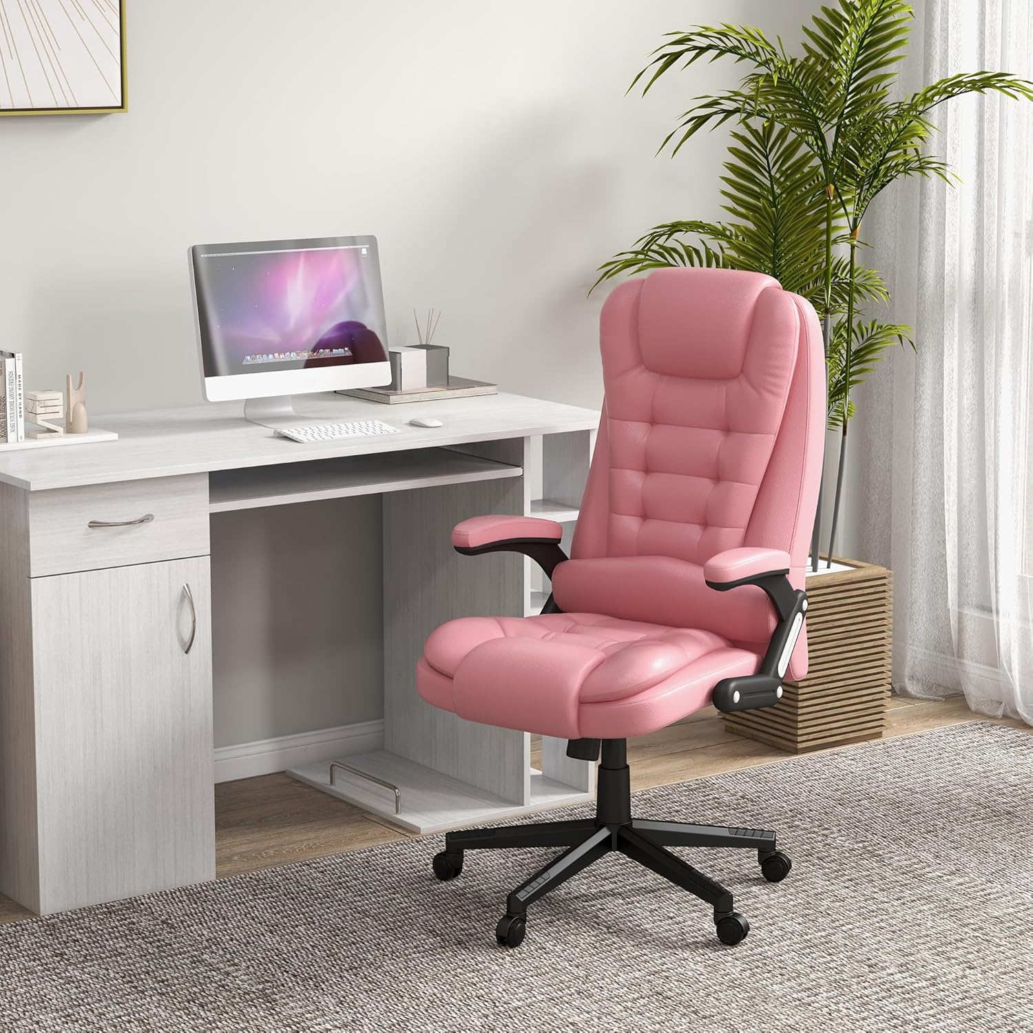 HOMCOM Silla de oficina de masaje con vibración de respaldo alto con 6 puntos de vibración, silla de computadora reclinable con calefacción de piel