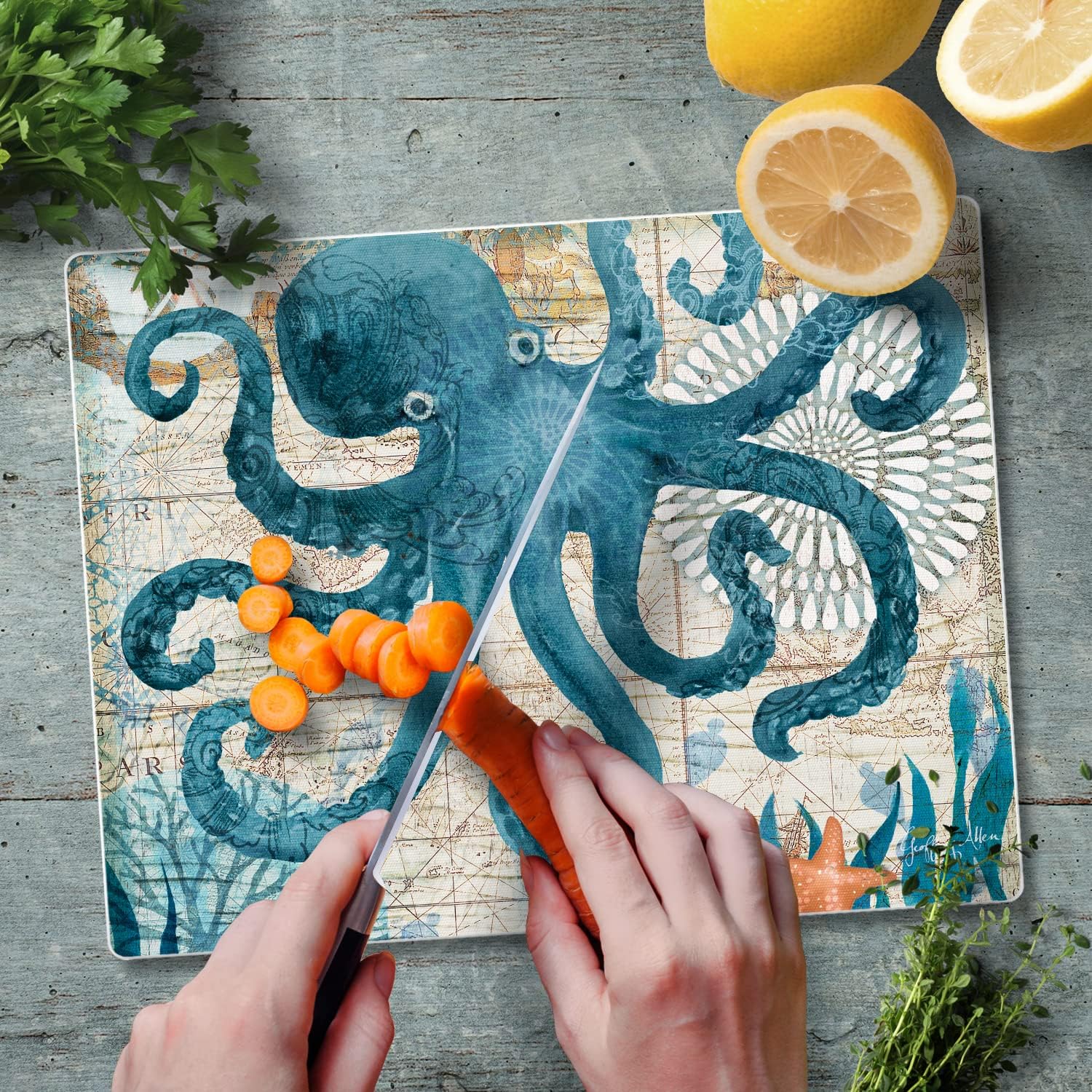 CounterArt Monterey Bay Octopus – Tabla de cortar de vidrio templado tolerante al calor de 10 x 8 pulgadas, fabricada en los Estados Unidos, apta