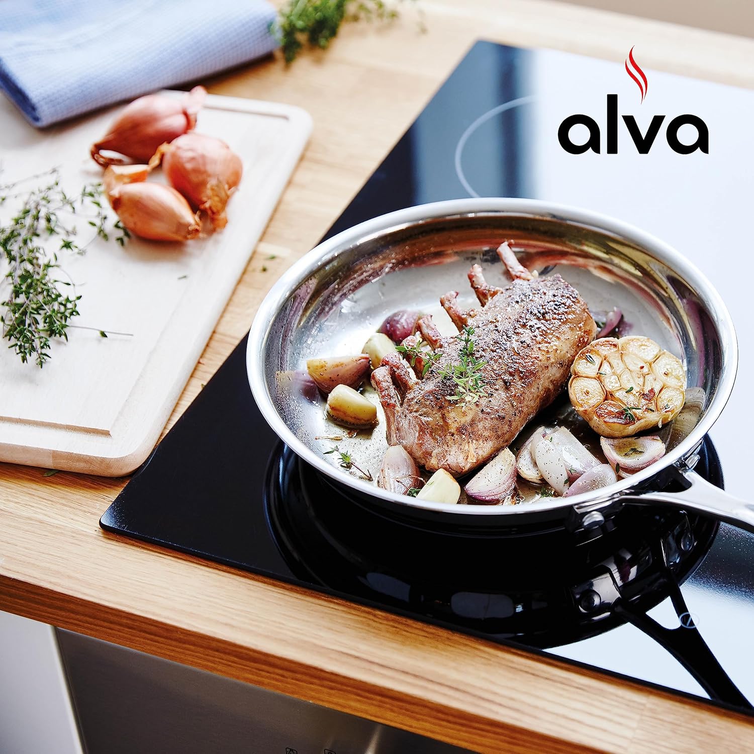 Alva Sartén para chef, sartén de acero inoxidable, apta para horno, compatible con inducción, sartén para tortilla apta para lavavajillas, sartén