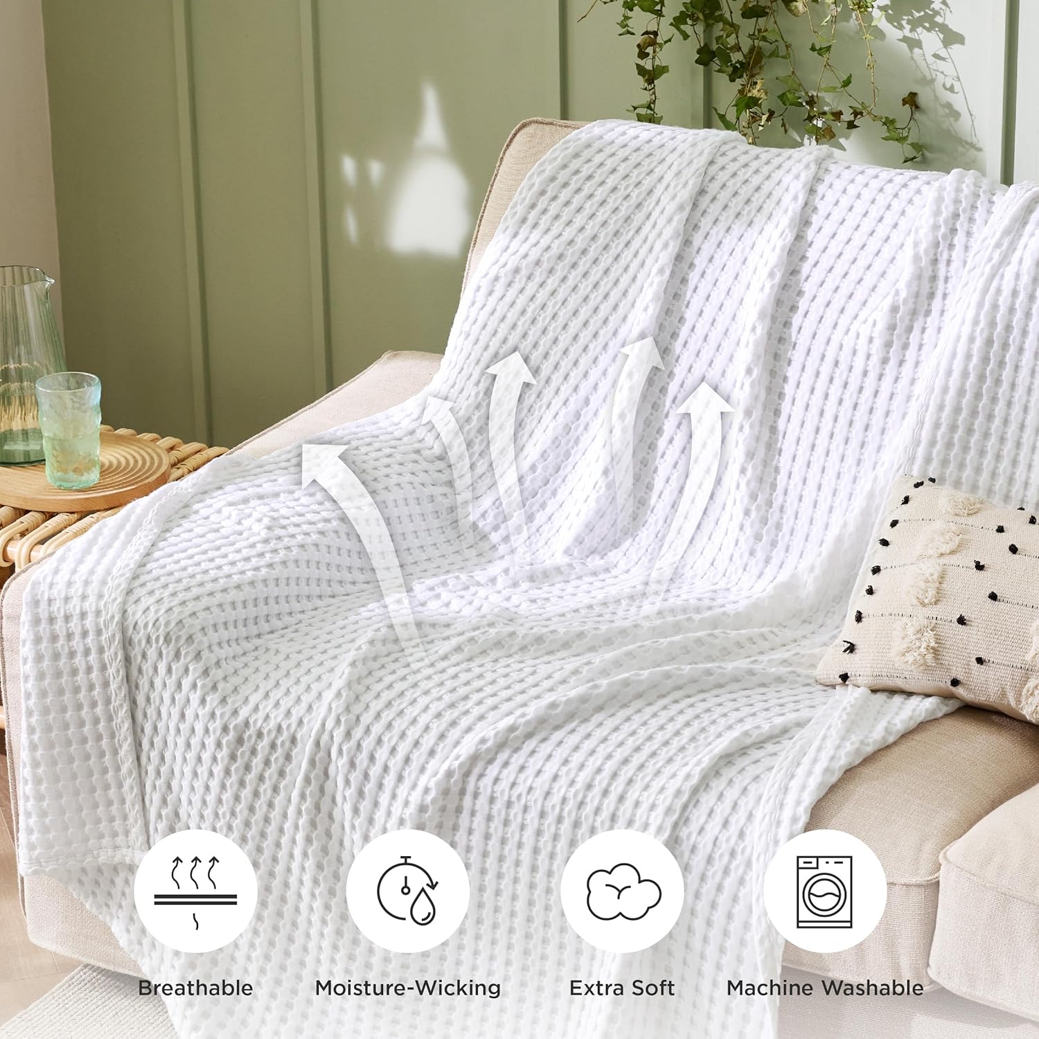 Bedsure Manta refrescante de algodón con diseño gofre, tamaño individual XL, ligera y transpirable de rayón derivado del bambú, manta de lujo para