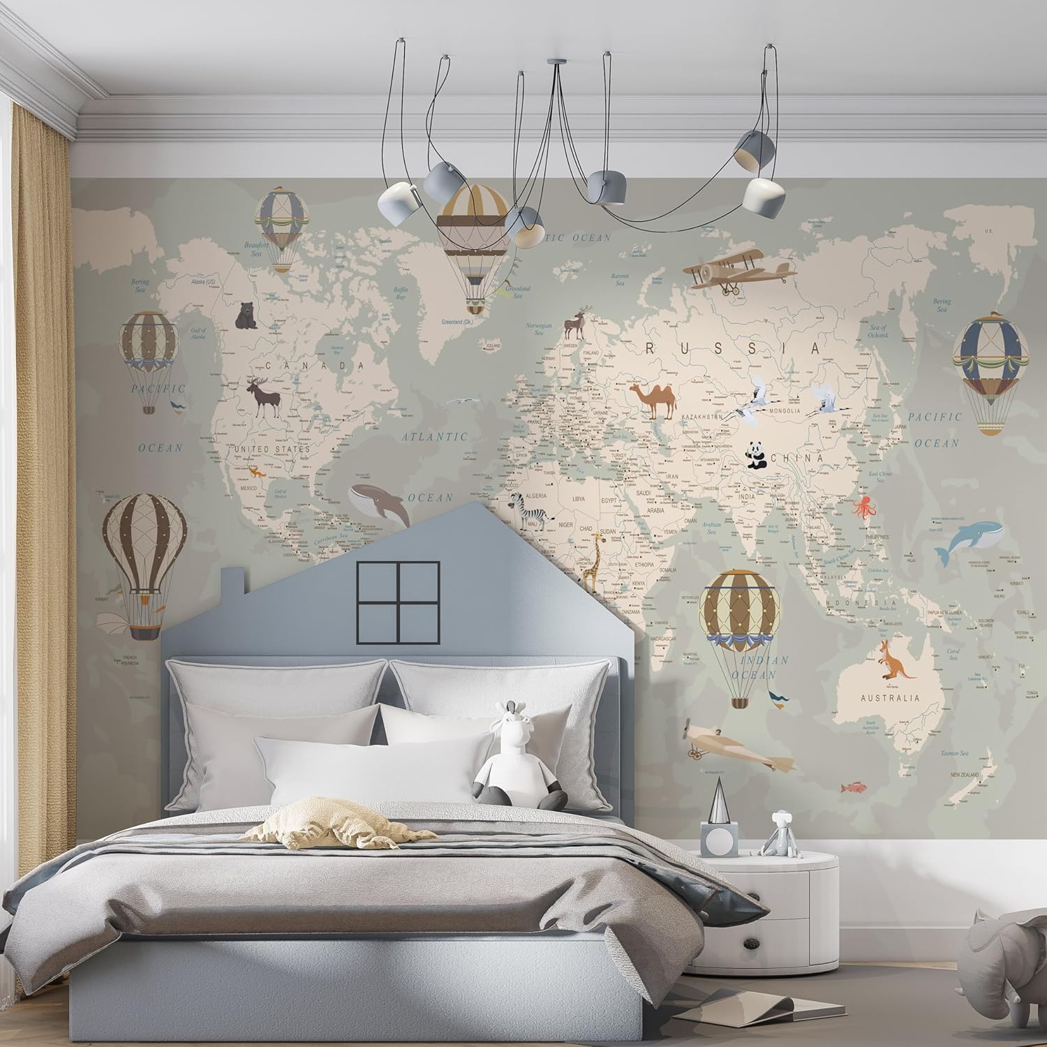 Papel tapiz autoadhesivo con mapa del mundo, arte de pared de vinilo removible para decoración de guardería para niños y niñas, habitación de niños,