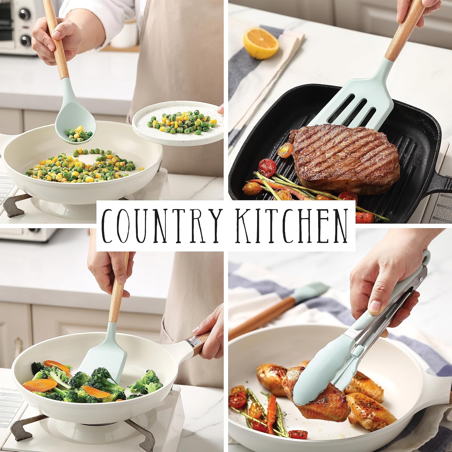Country Kitchen Juego de utensilios de cocina  Juego de 38 espátulas de silicona antiadherentes con soporte, asas de madera y utensilios resistentes