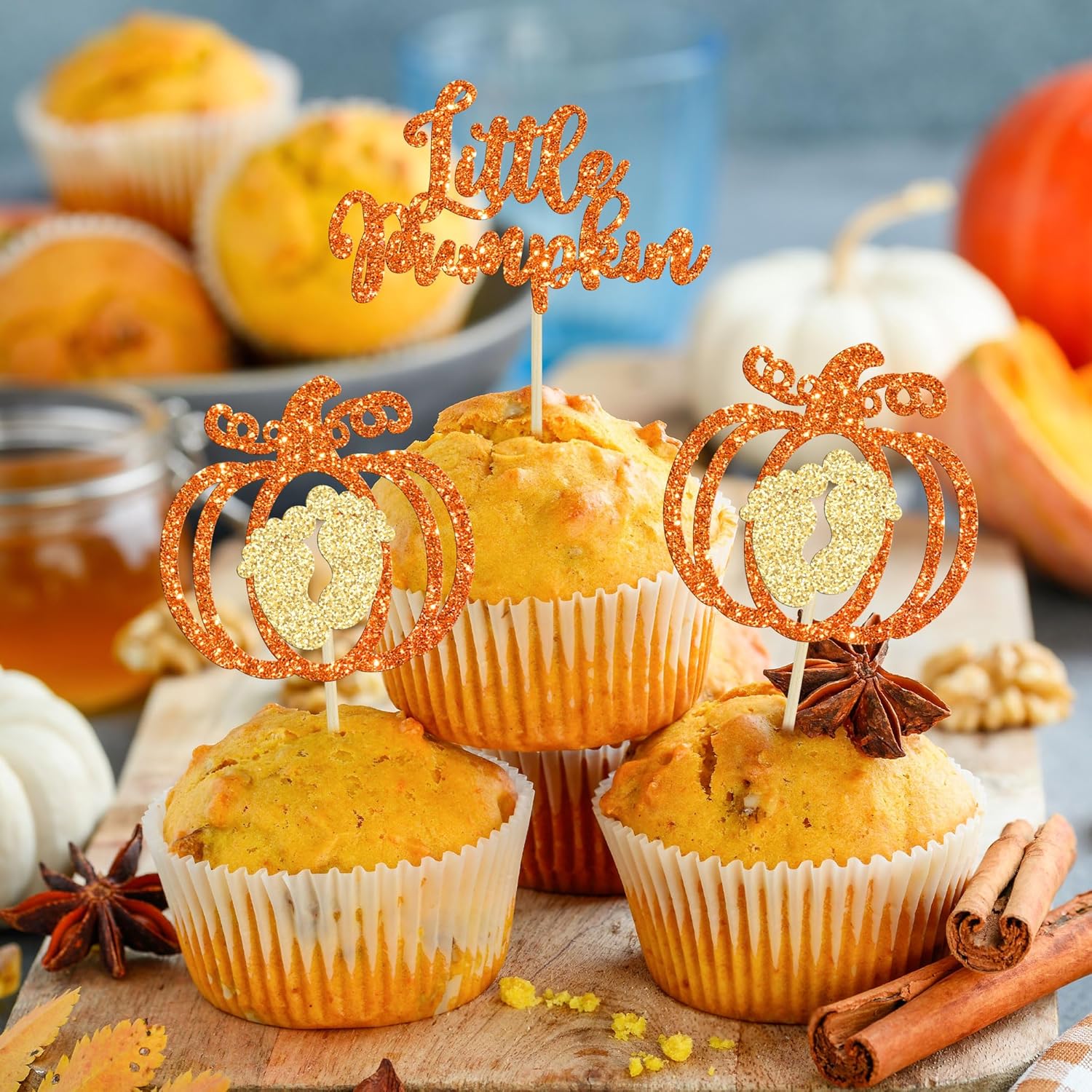 24 adornos para cupcakes de calabaza con purpurina naranja para baby shower, decoraciones de pastel de calabaza para Acción de Gracias, Halloween,