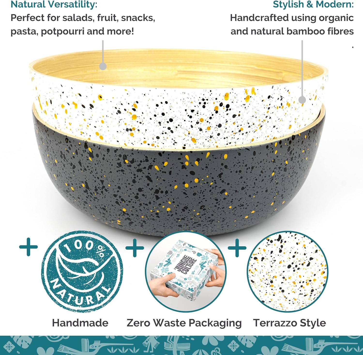 Jungle Culture Ensaladera grande de bambú  Frutero blanco  Tazones de madera para mezclar  Cuencos decorativos de decoración del hogar Pasta,