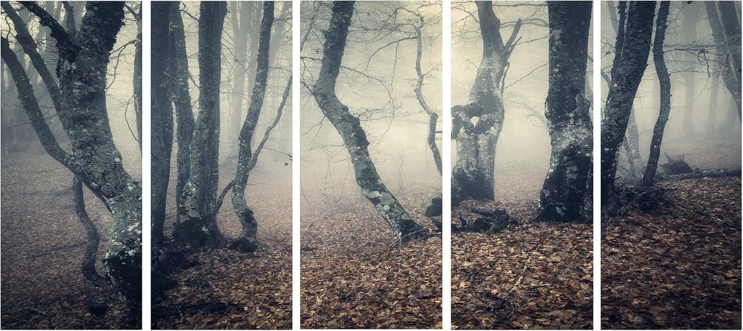 Designart – Lienzo fotográfico de niebla amarilla mística en el bosque de otoño, paisaje, 60 x 28 pulgadas, 5 piezas, 60 x 28 pulgadas, 5 paneles