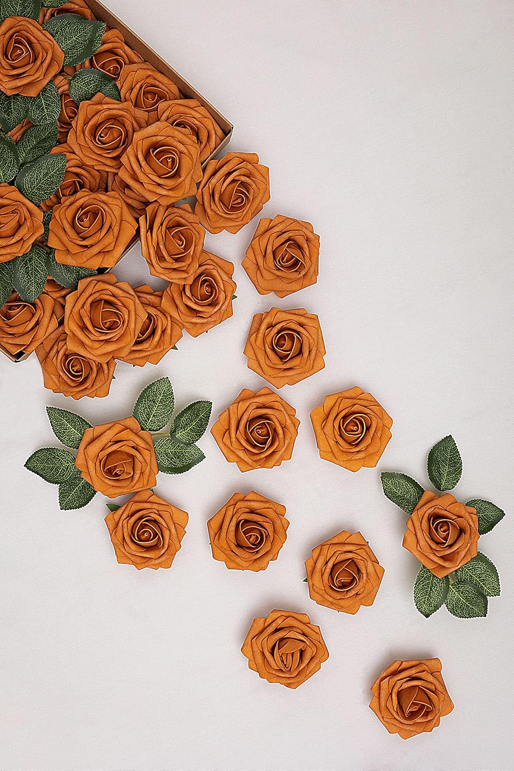 TINGE TIME Flores de naranja quemado, flores falsas para decoración de rosas con tallo, 25 flores artificiales de rosas para ramos de boda, centros