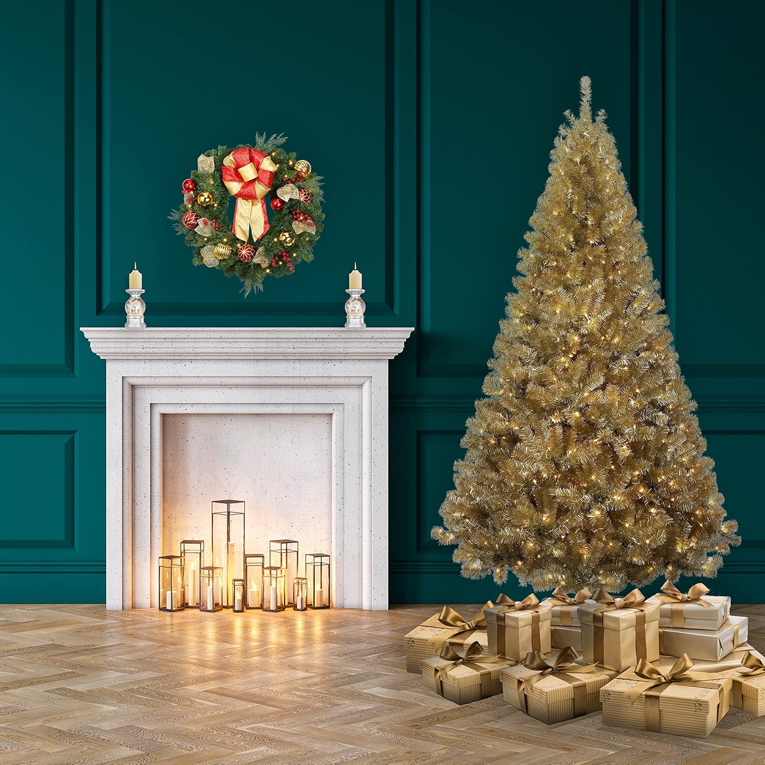 Haute Decor Árbol de Navidad dorado champán de 7.5 pies de alto, preiluminado con luces LED blancas cálidas de bajo consumo con pedal para poner y