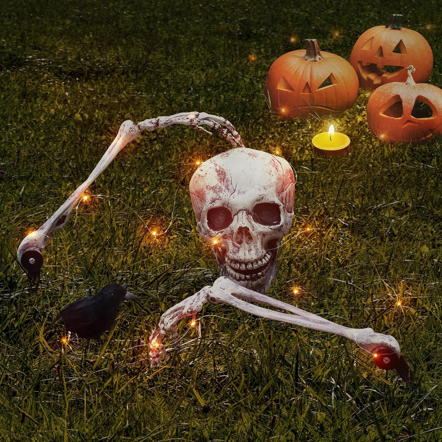 BAYSING Decoraciones de Halloween al aire libre, estacas de esqueleto, cabeza de calavera aterradora realista y brazos con cuervo para patio,