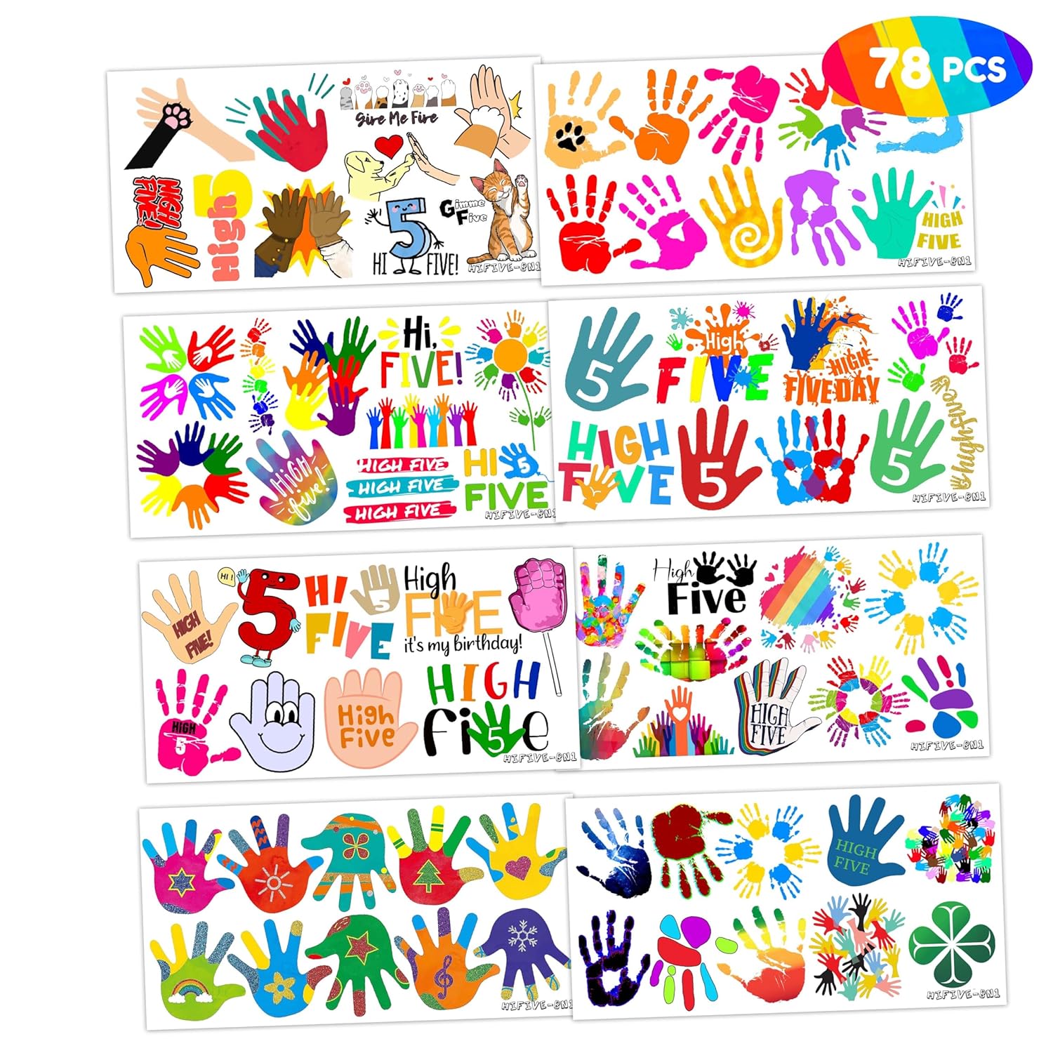 8 hojas (78 piezas) Hi High Five Tattoos Decoraciones de fiesta de cumpleaños, suministros de decoración, calcomanías temáticas para niñas, niños,