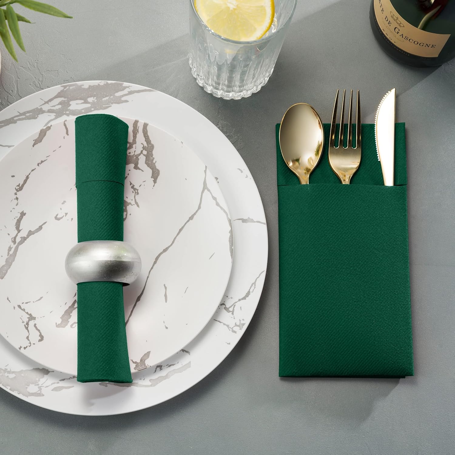 Servilletas desechables de lino con bolsillo integrado para cubiertos, paquete de 50 servilletas de papel preplegadas verdes para cenas, bodas o