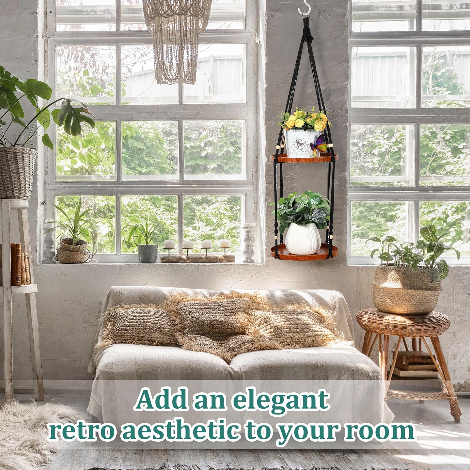 Hiboom Colgador de plantas de 2 niveles para interiores y exteriores, con 2 bandejas de madera maciza, estante colgante de macramé para decoración