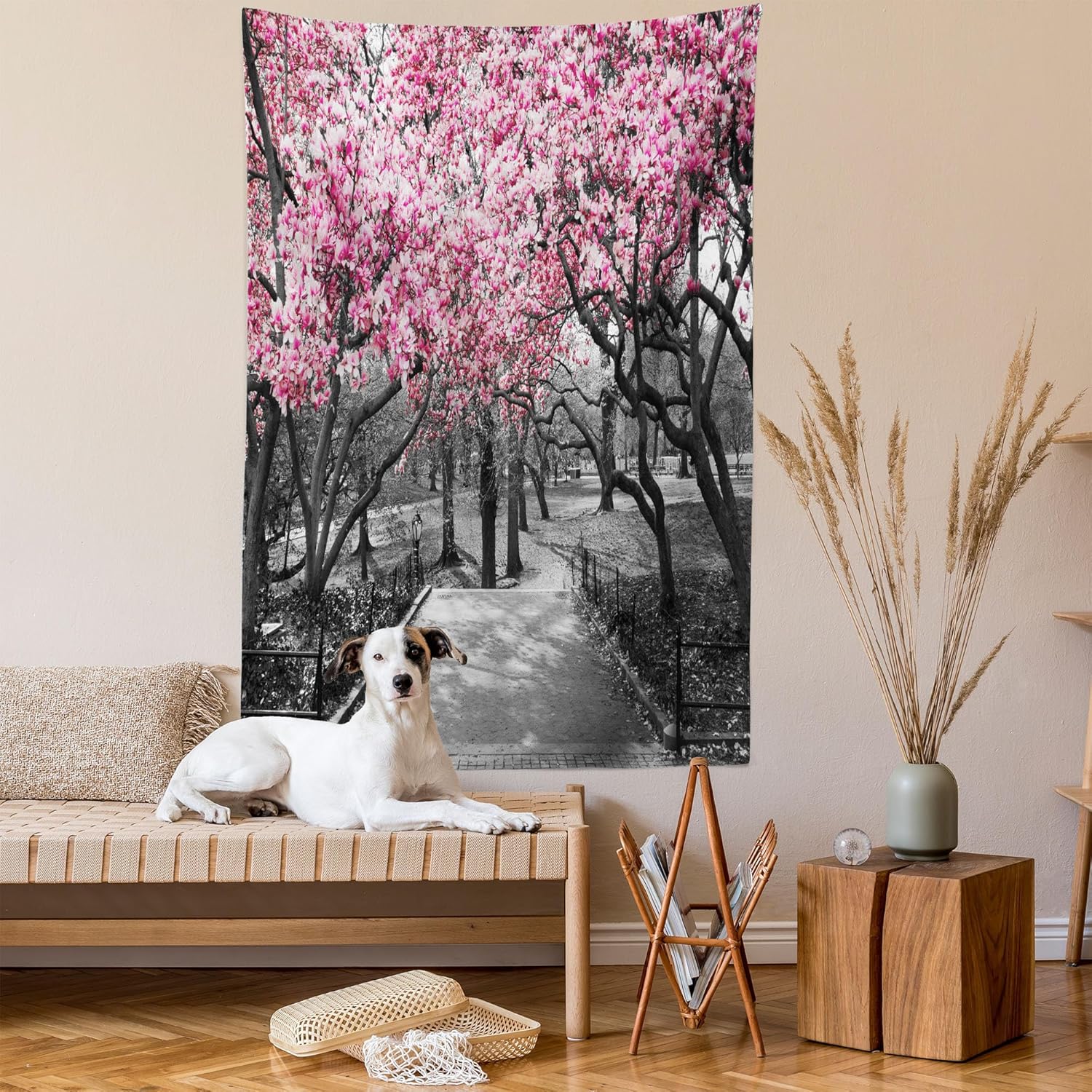Lunarable NYC – Tapiz de flores en Central Park, paisaje, cerezos, bosque, temporada de primavera, decoración de tela para colgar en la pared para