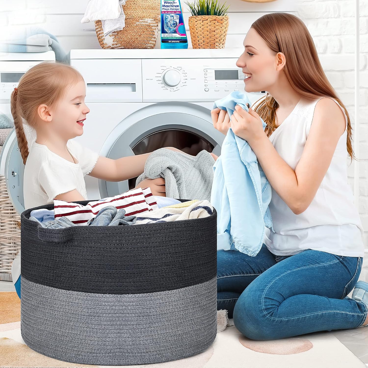 Cesta para manta, cesta de cuerda de algodón de 20 x 20 x 13 pulgadas para sala de estar, canasta de almacenamiento de juguetes para bebé, cesta