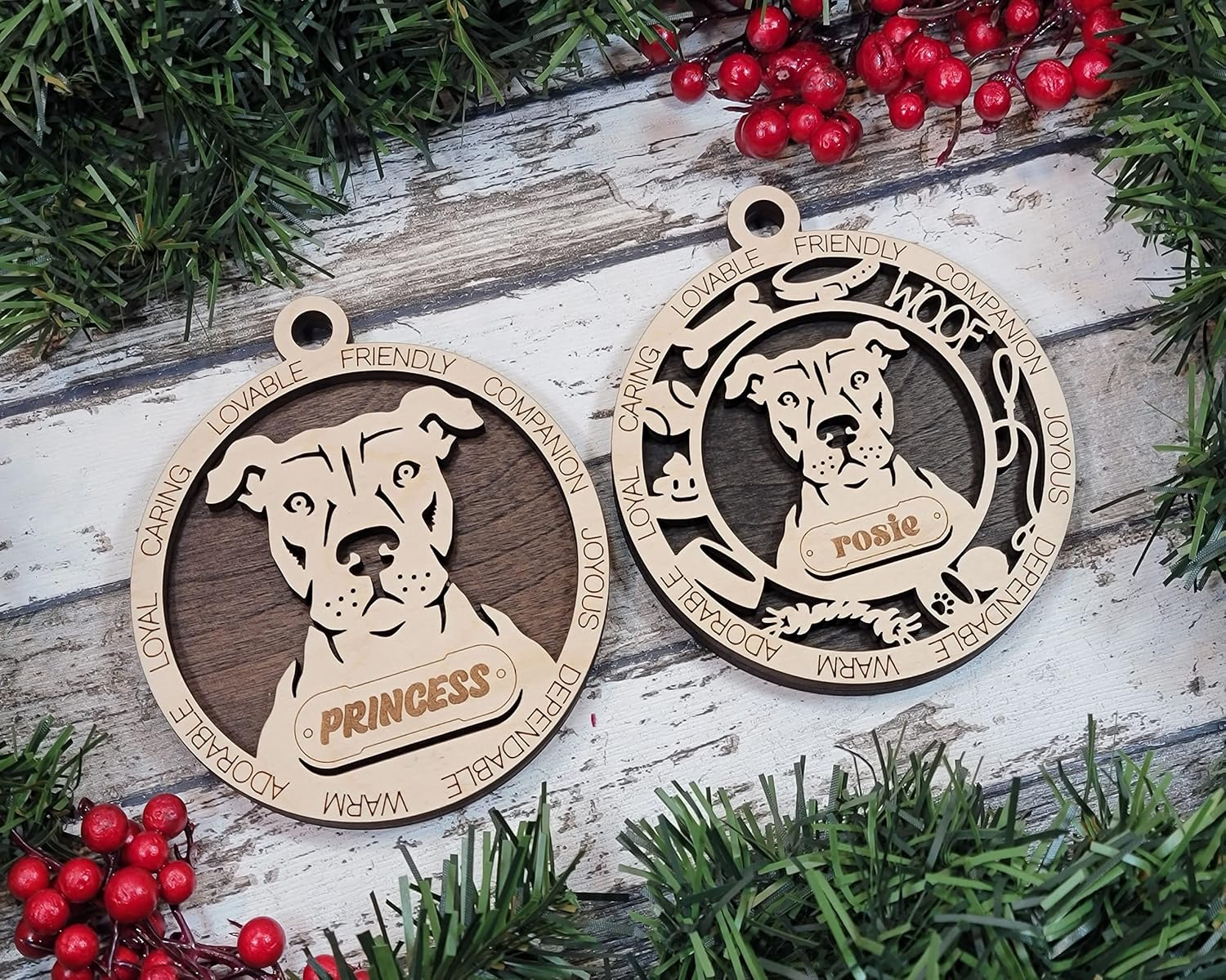 Pittie Pride Personalized Pitbull Christmas Ornament with Your Dog’s Name & Colors! – With Border Icons
