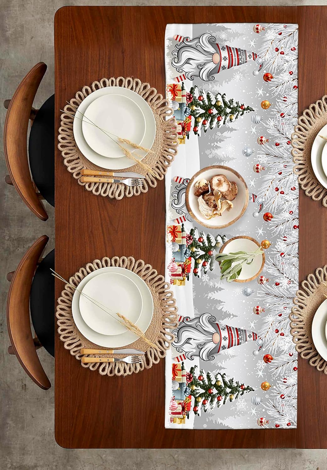 Camino de mesa corto de bolas de Navidad de 36 pulgadas, algodón y lino pequeño, cocina, comedor, mesa de café, decoración de tocador, camino de