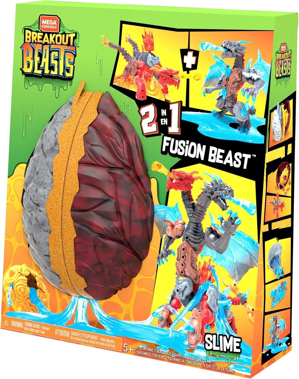 Mega Construx Breakout Beasts – Juego de construcción Fusion Beast 2 en 1 con 2 figuras para construir, slime para niños