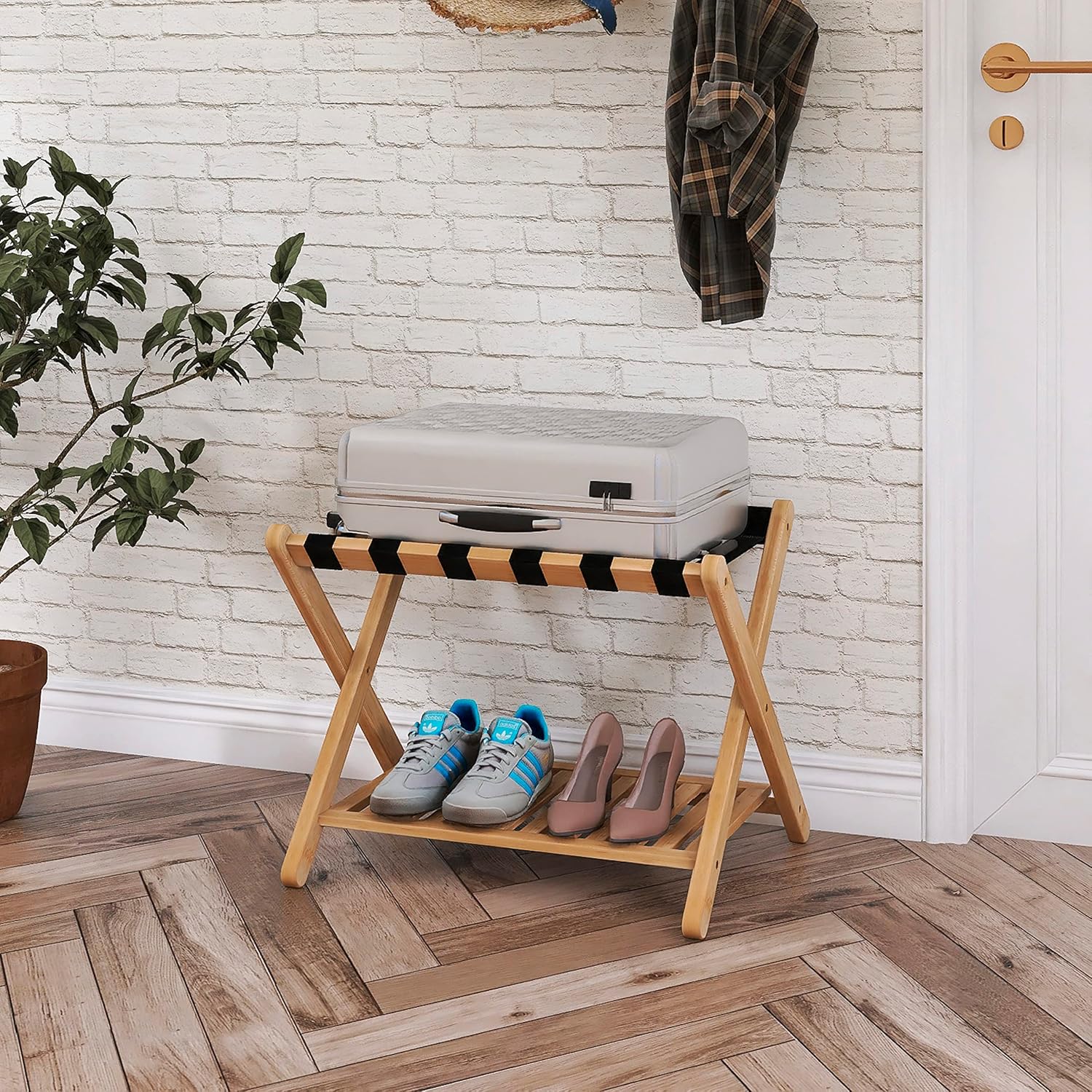SMIBUY Portaequipajes, soporte plegable de bambú para maleta con estante de almacenamiento para habitación de invitados, dormitorio, hotel,