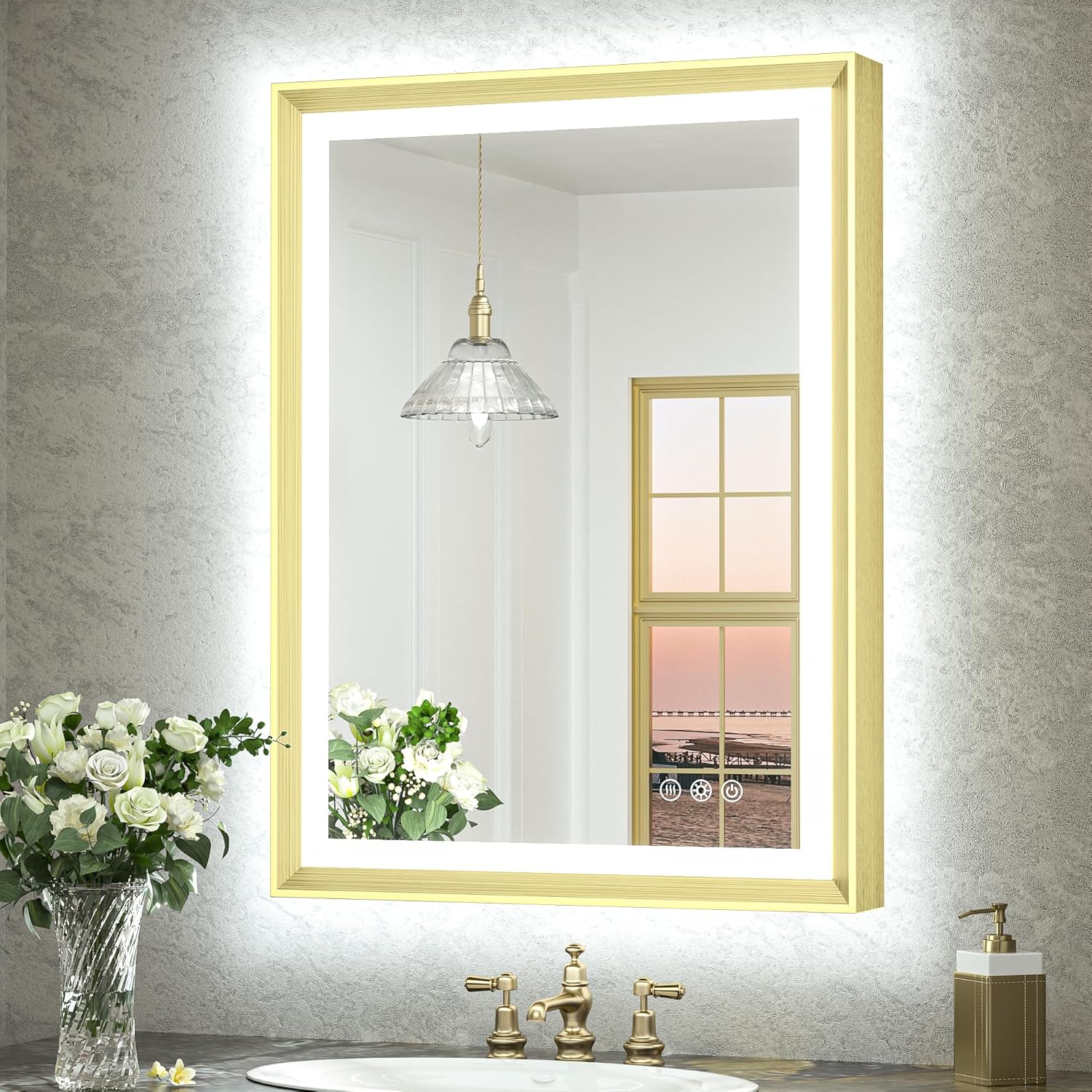 TokeShimi Espejo de tocador de baño LED de 24 x 32 pulgadas con marco dorado retroiluminado y frontal iluminado de aluminio rectangular con borde